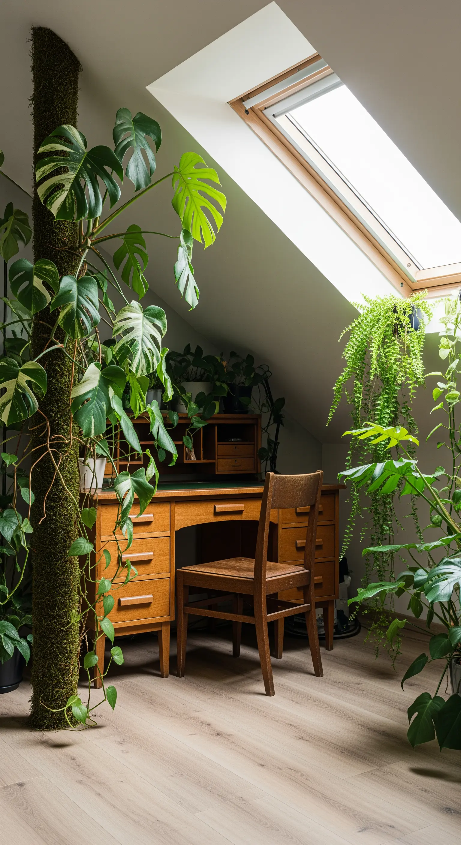 Scrivania in legno in una mansarda luminosa, con una grande monstera che si arrampica su un palo.