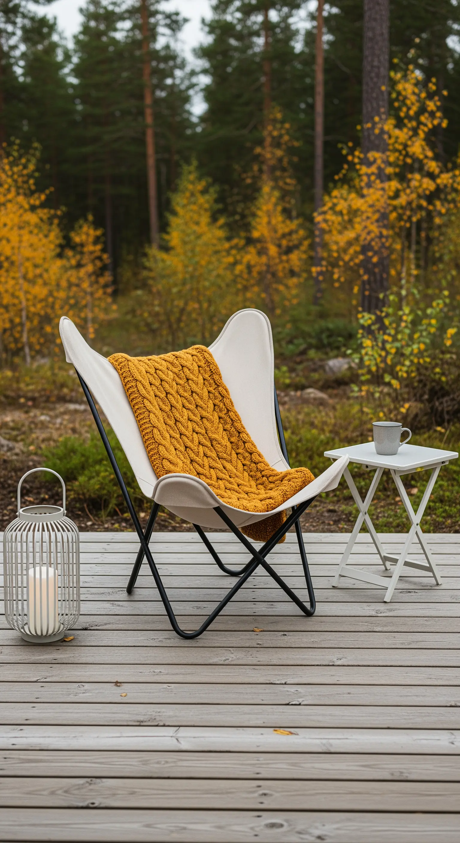 Sedia Butterfly con plaid giallo a trecce, tavolino bianco e lanterna su una pedana in legno.