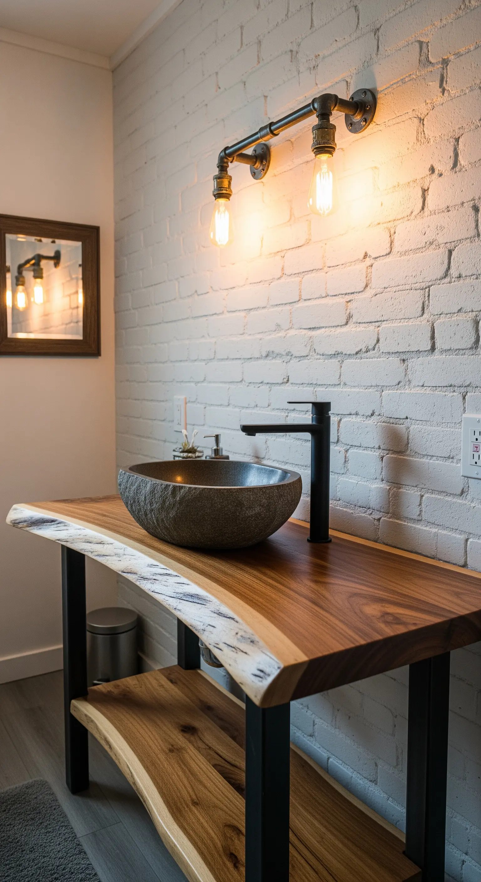 Applique in stile industrial realizzata con tubi metallici su una parete di mattoni bianchi.