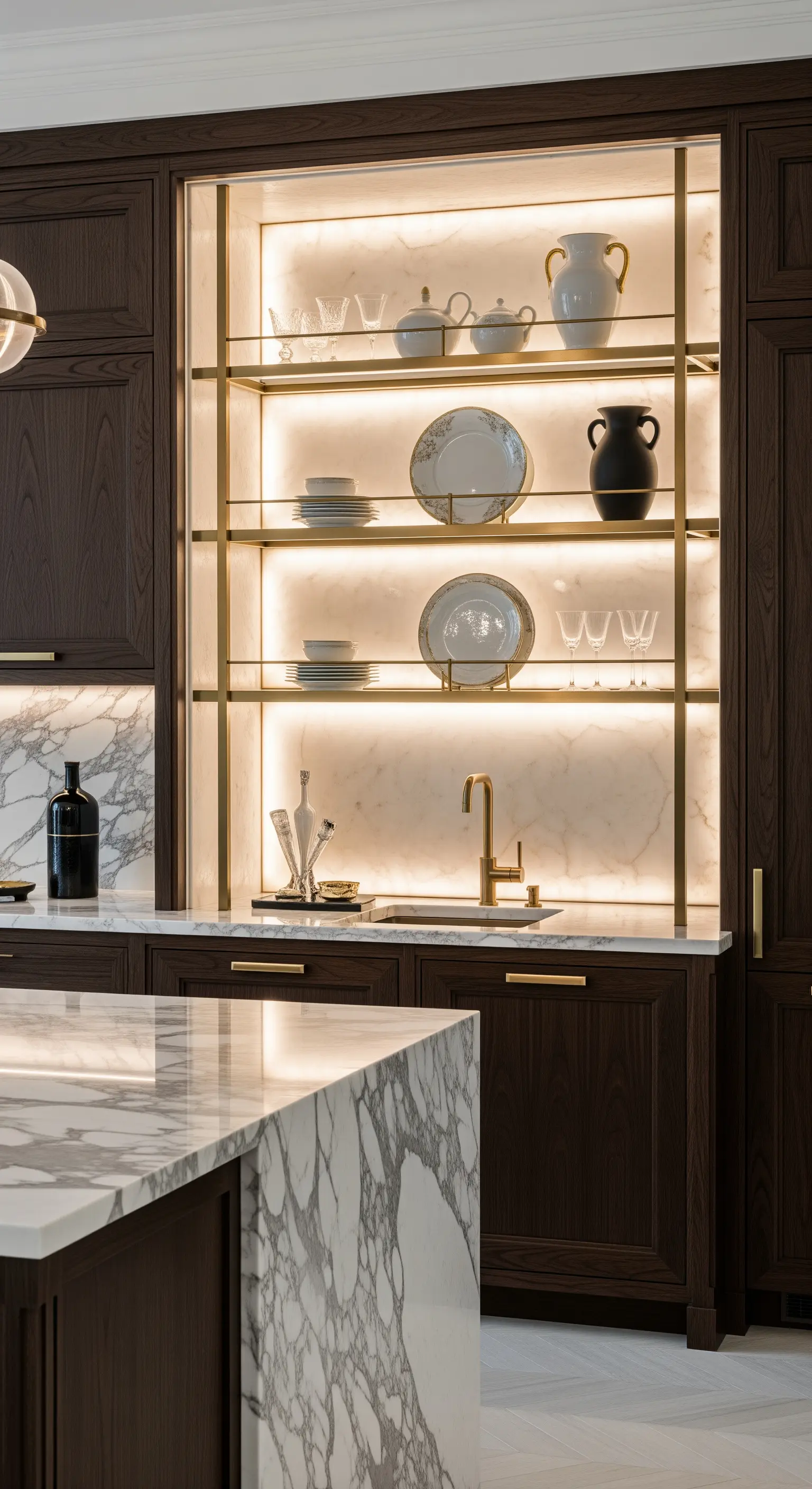 Nicchia bar retroilluminata con ripiani in ottone e fondo in marmo.