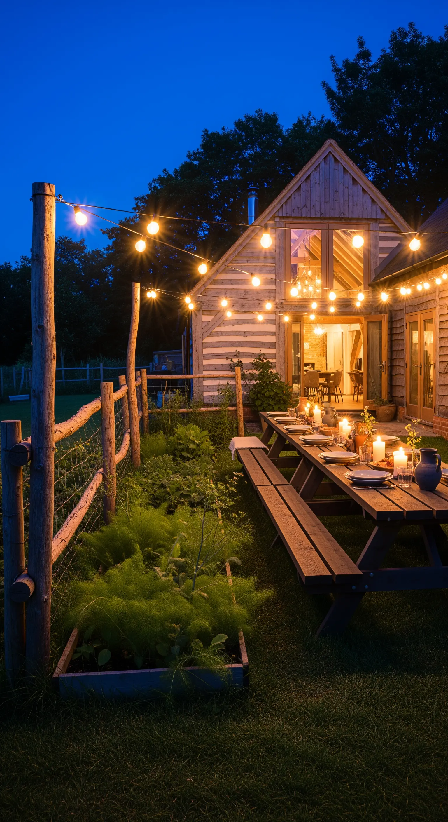 Tavolo da picnic illuminato da una catena di luci in un giardino rustico di notte.