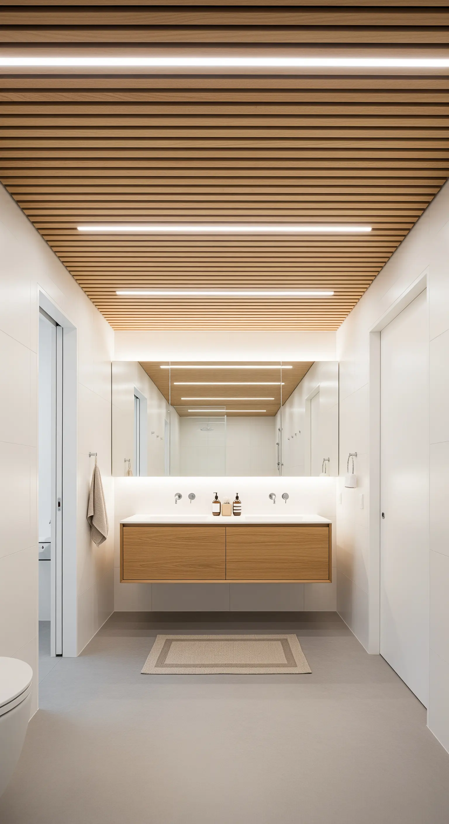Bagno moderno con soffitto a listelli di legno e illuminazione a LED integrata.