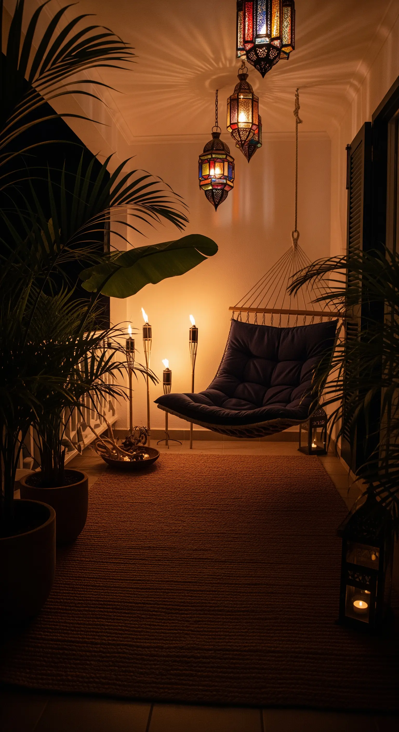 Balcone di notte con amaca, lanterne marocchine, torce e piante tropicali.