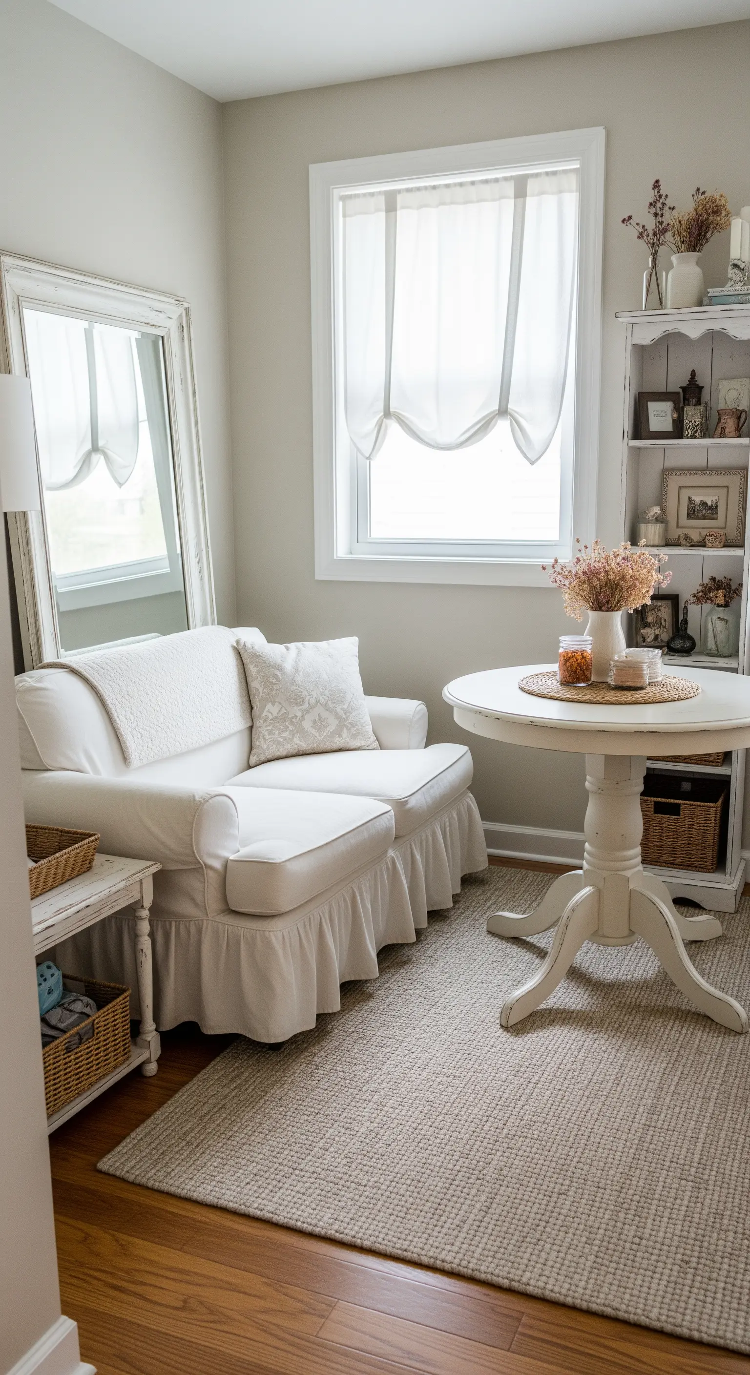 Piccolo soggiorno con divanetto, specchio a terra e tavolo rotondo bianco.