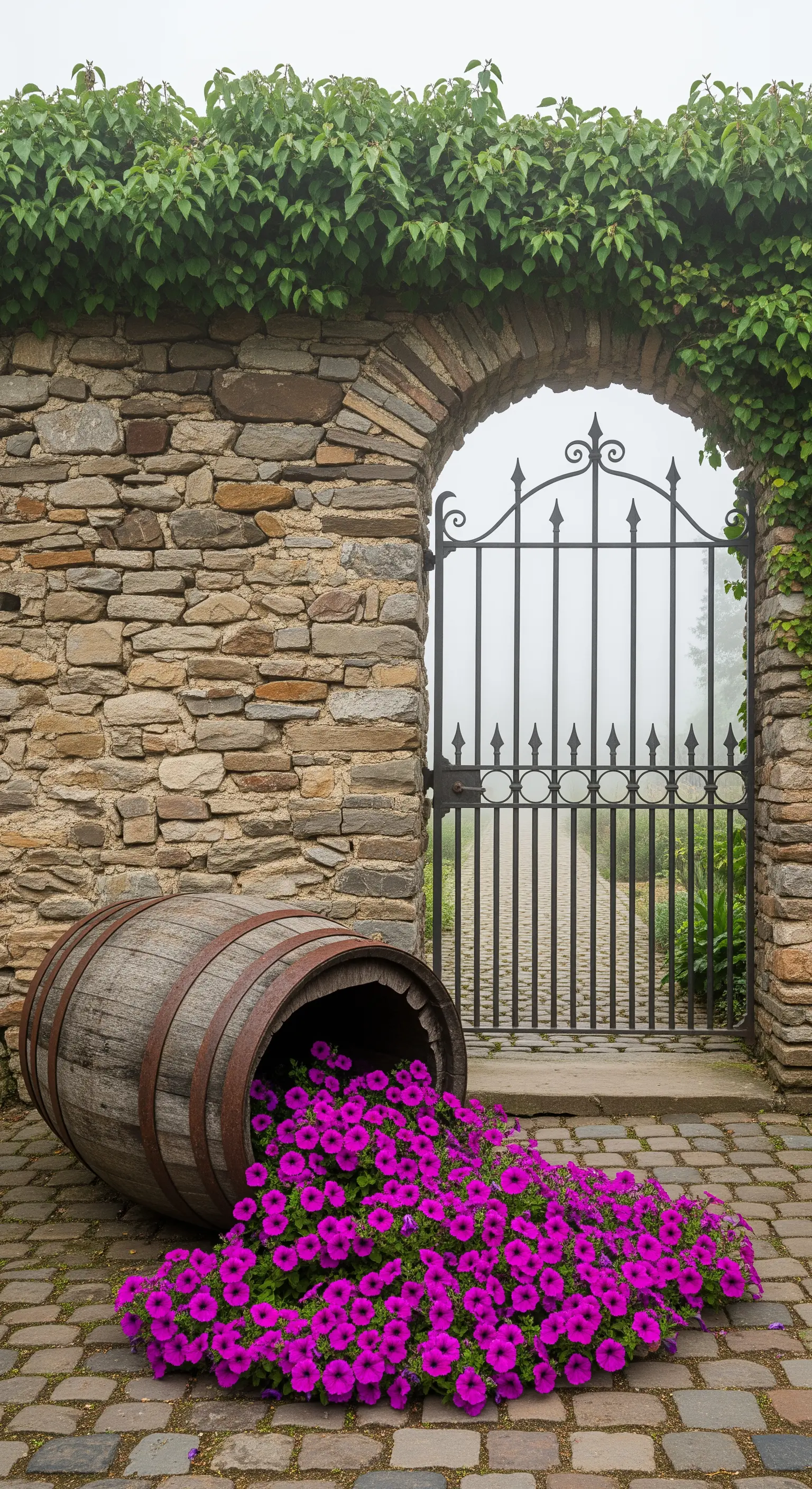 Botte rovesciata da cui fuoriescono fiori fucsia, accanto a un cancello in ferro battuto.