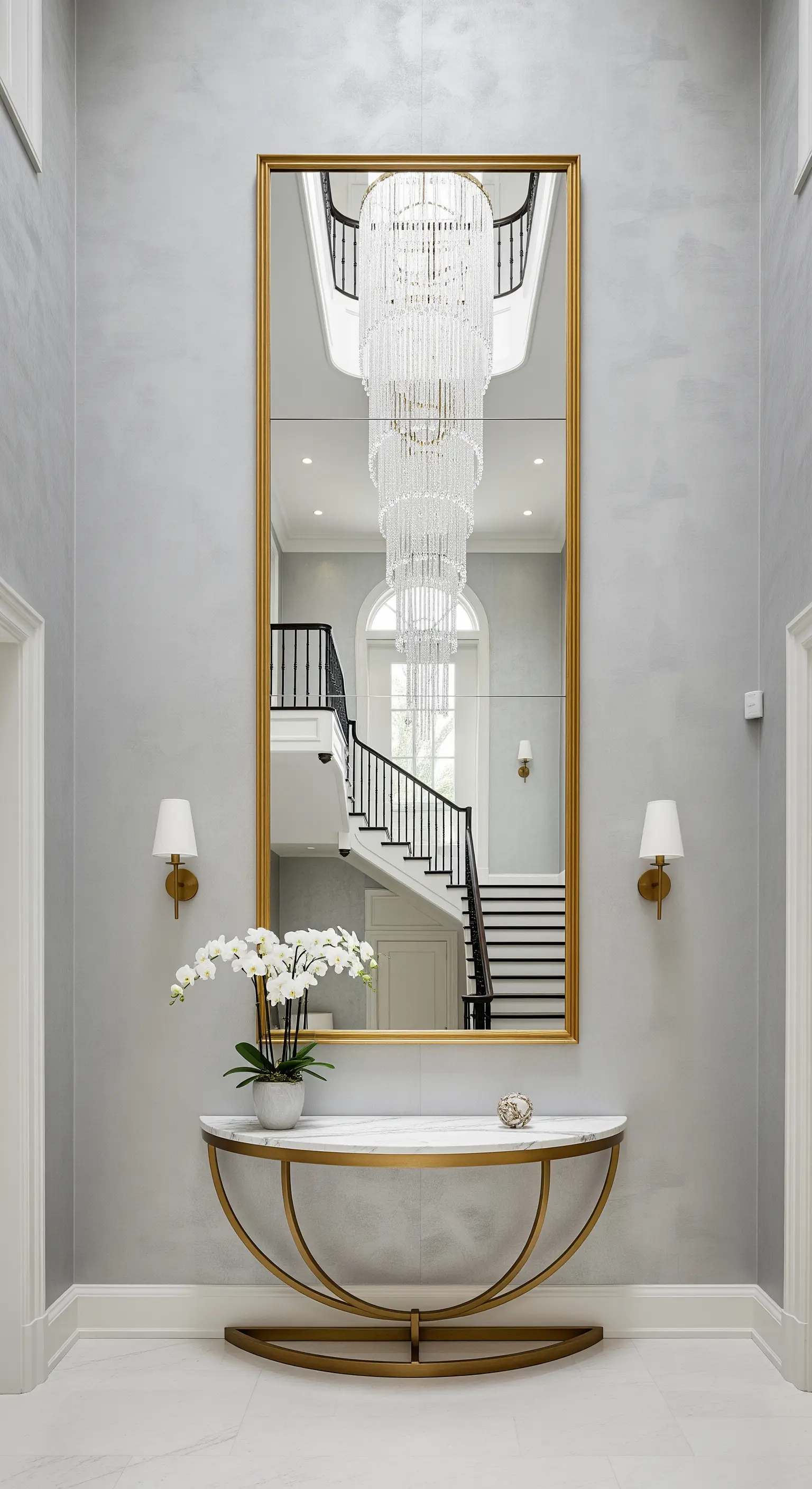 Ingresso a doppia altezza con specchio verticale dorato che riflette un lampadario a cascata.