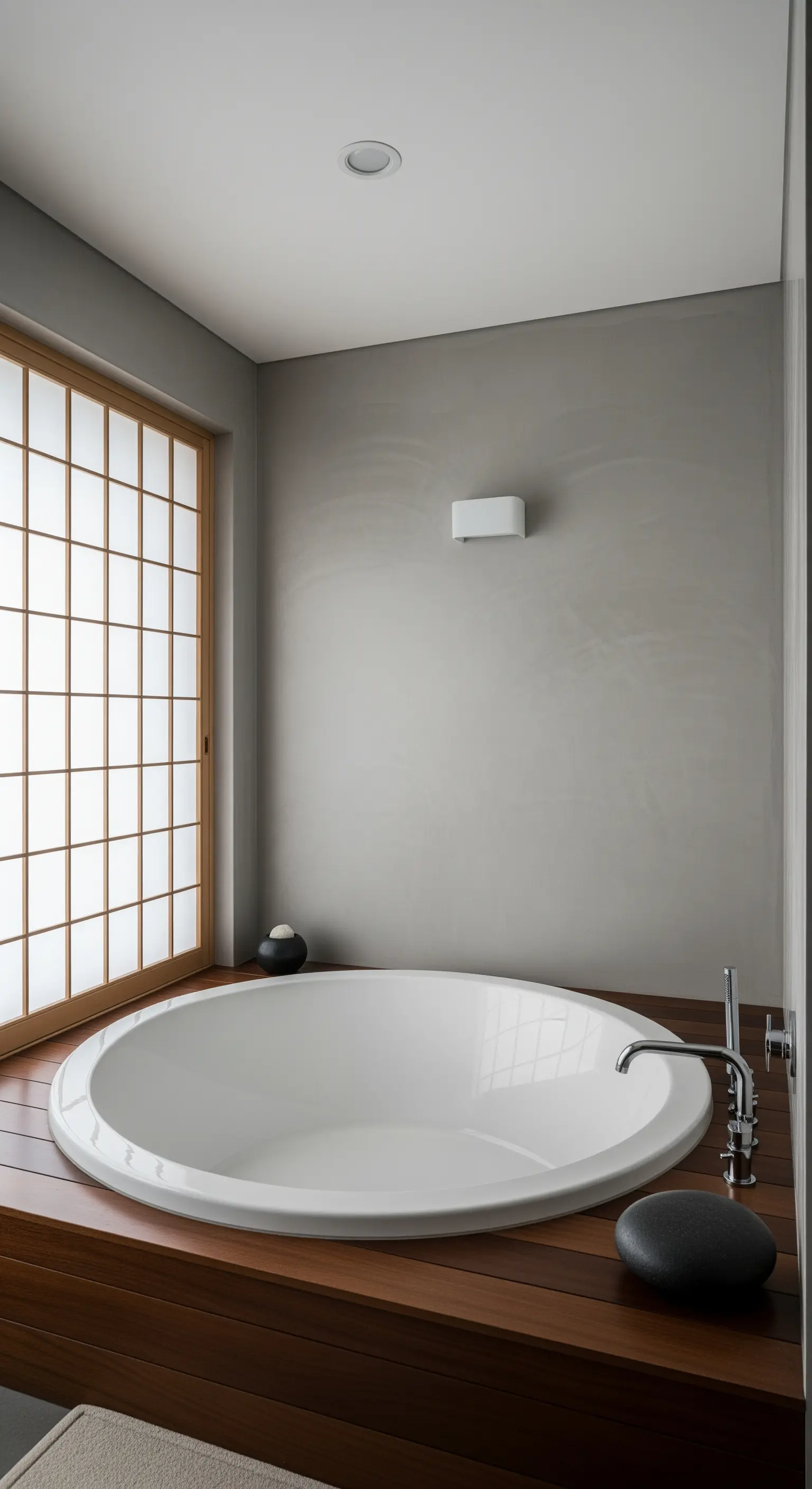 Vasca rotonda incassata in una pedana di legno, con parete in microcemento e finestra Shoji.