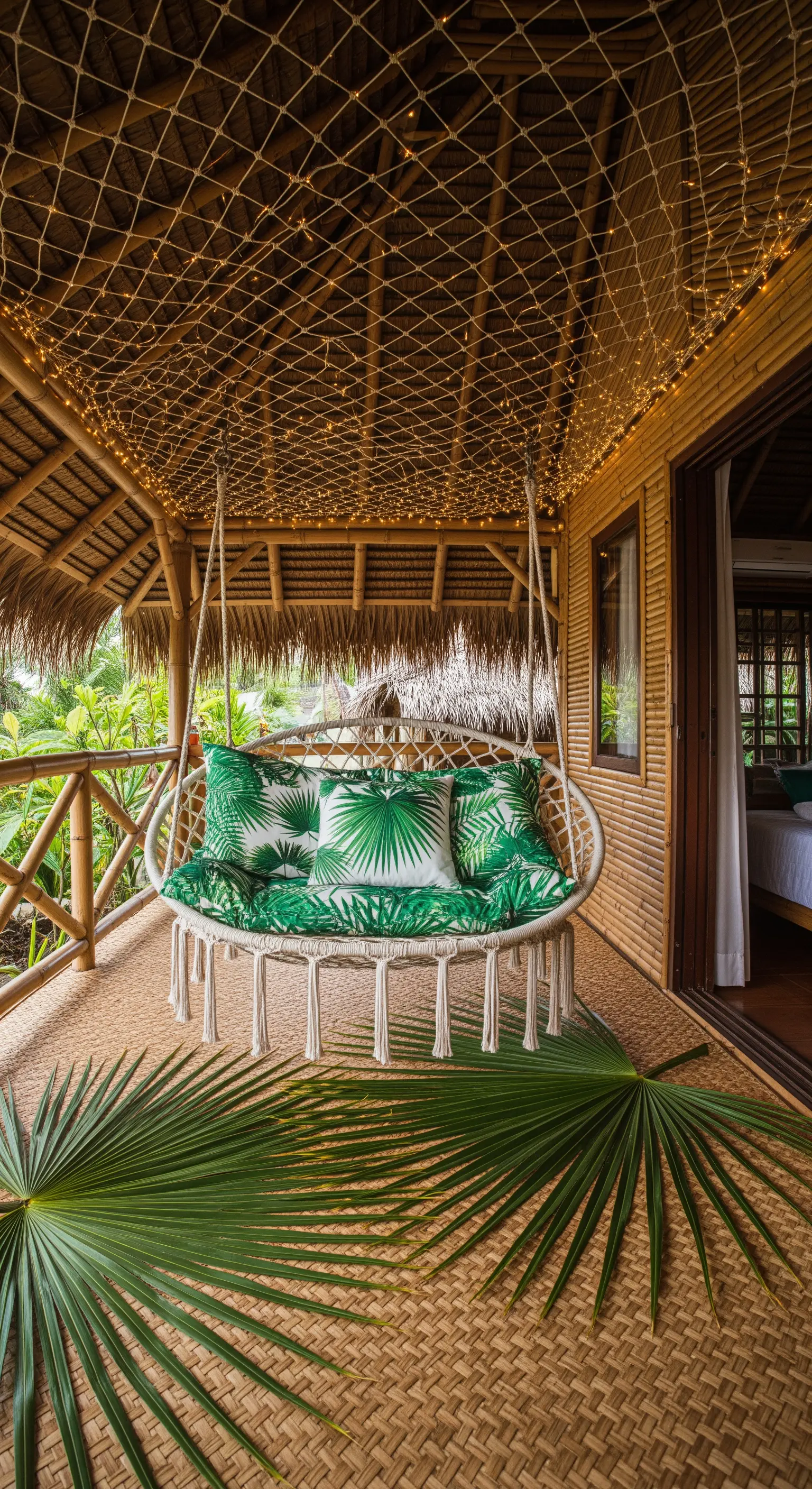 Balcone tropicale in bambù con sedia sospesa e cuscini a stampa di palma.