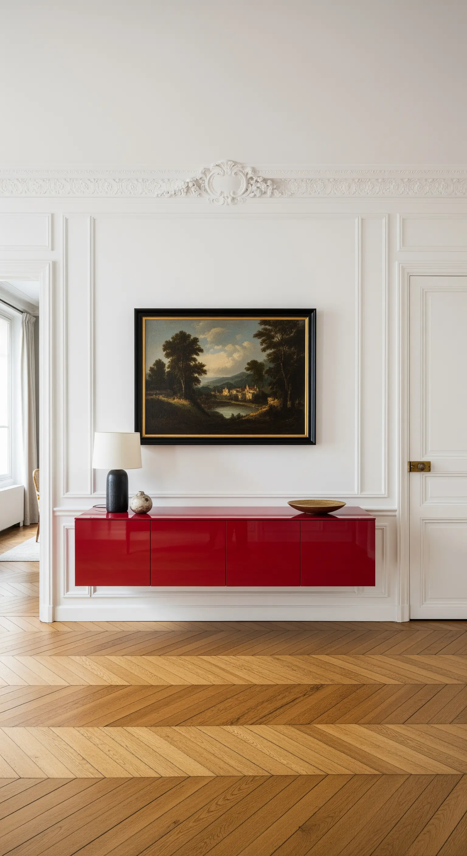 Credenza sospesa laccata rossa in un ingresso parigino con boiserie e parquet.