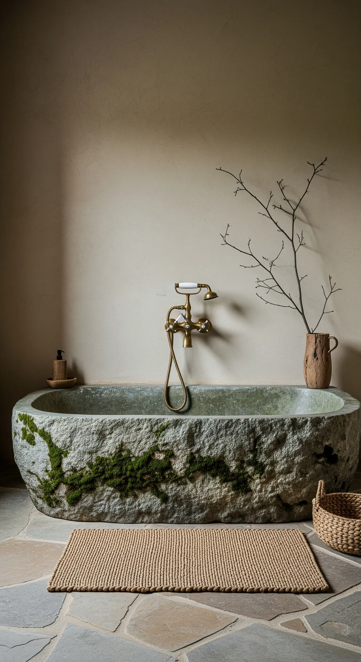 Vasca in pietra grezza con muschio, pavimento in pietra irregolare e un ramo secco in un vaso.