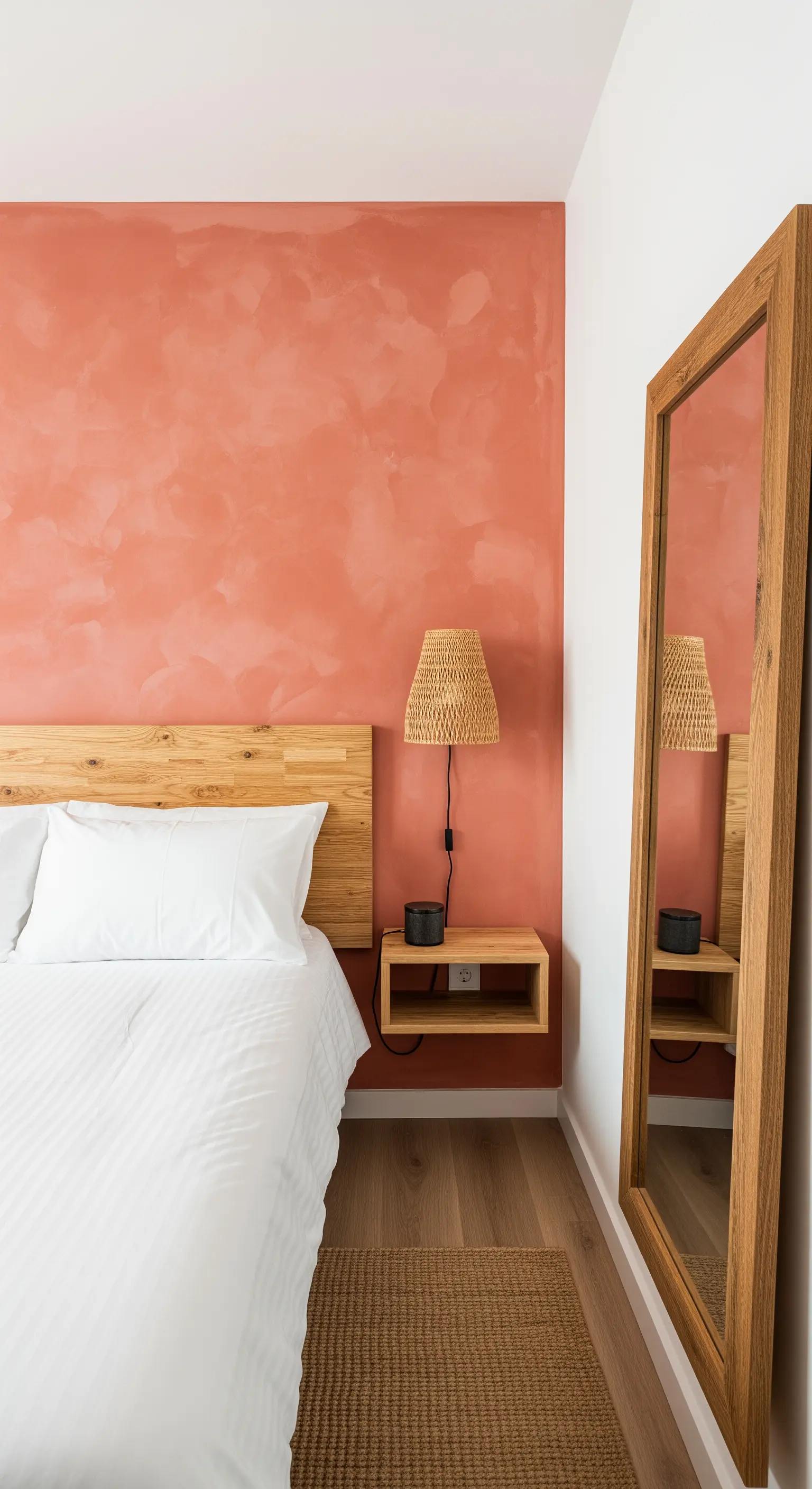 Parete dietro al letto con finitura a calce spatolata color terracotta e testiera in legno chiaro.
