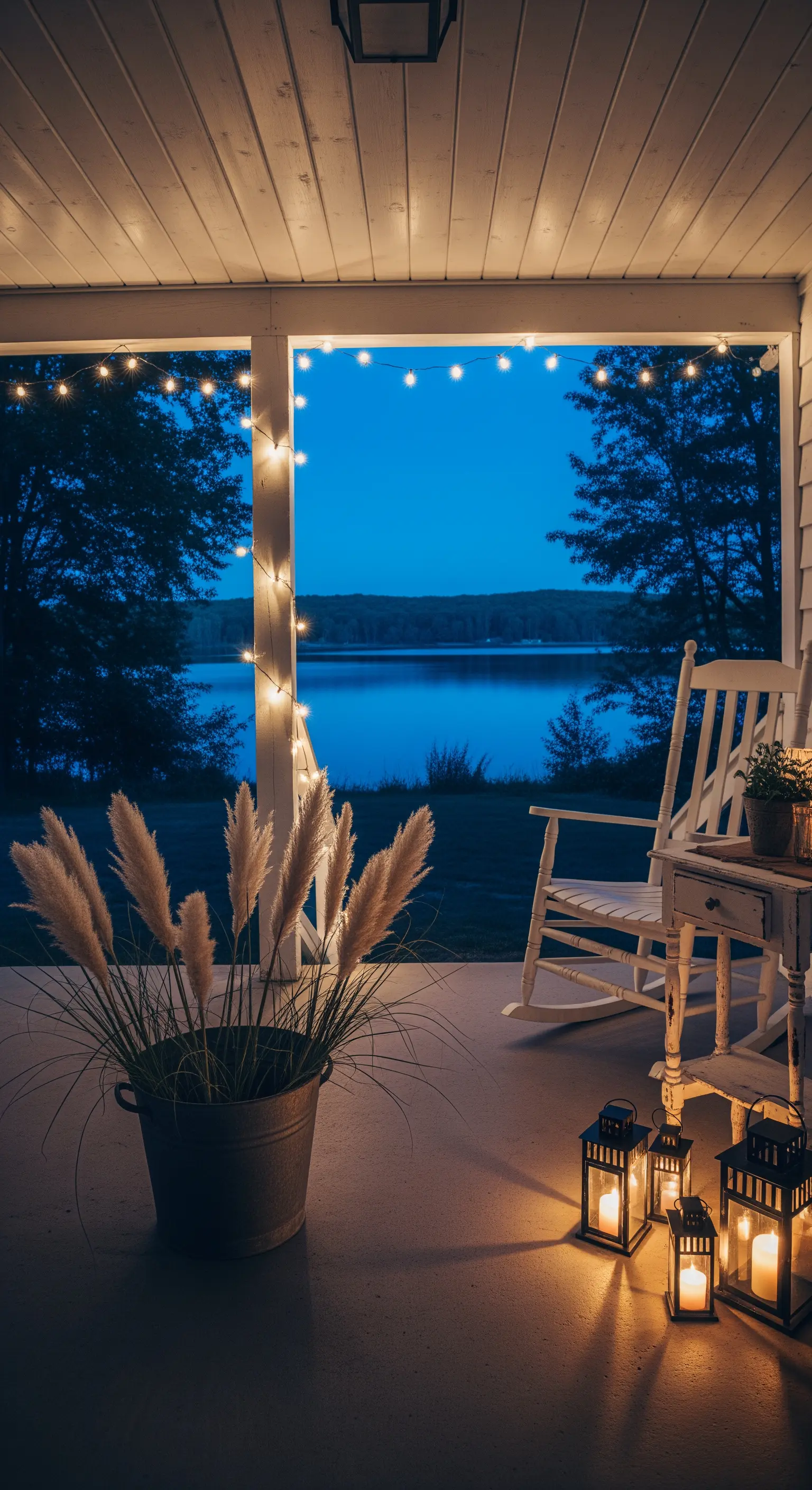 Veranda di notte con sedia a dondolo, lanterne accese e vista sul lago.
