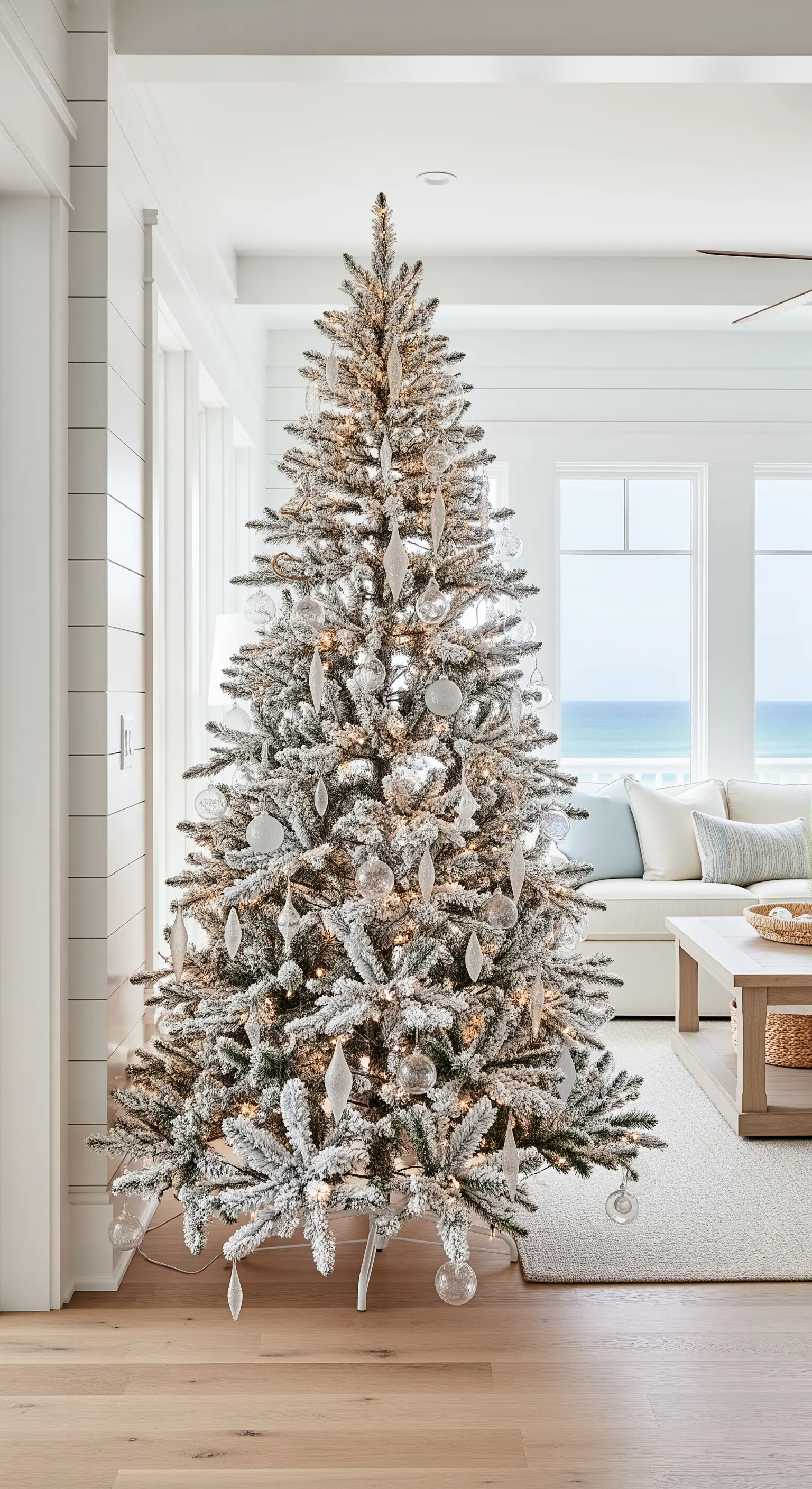 Albero di Natale floccato con luci calde e decorazioni in vetro a forma di goccia e sfera