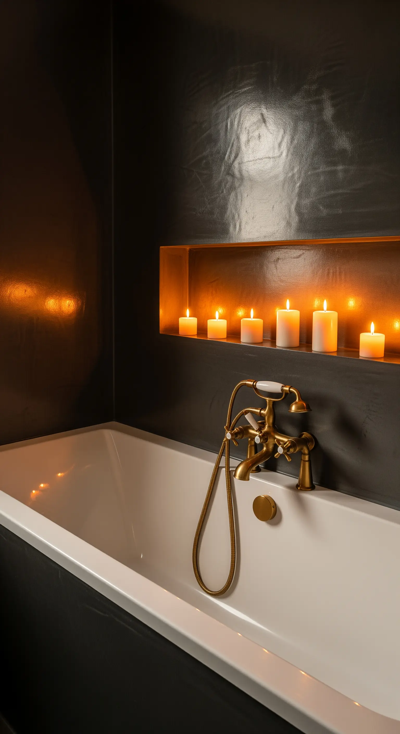 Vasca da bagno bianca in un ambiente scuro, con una nicchia illuminata solo da candele.