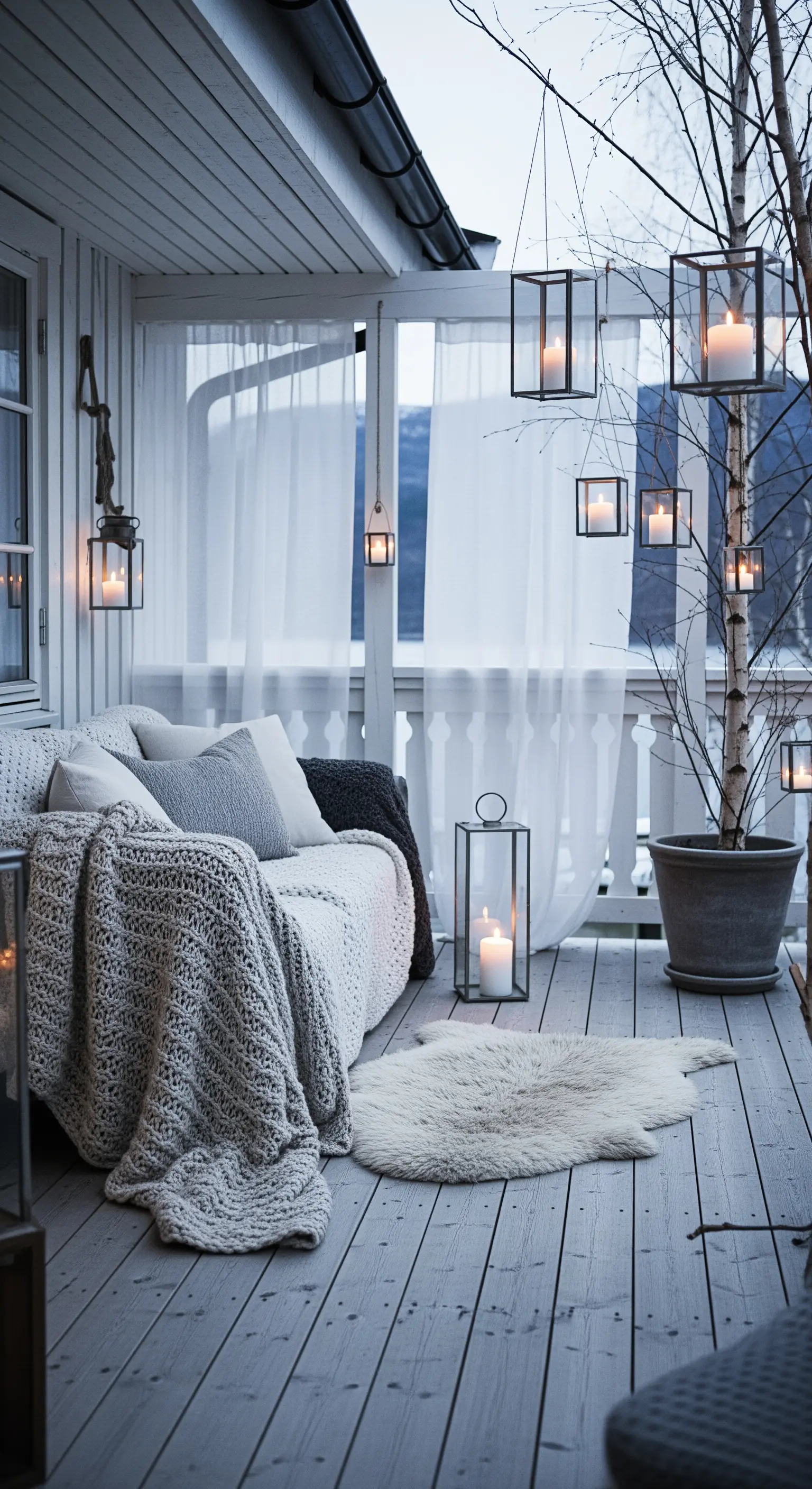 Veranda invernale in stile scandinavo con divano grigio, coperte di lana e lanterne minimaliste