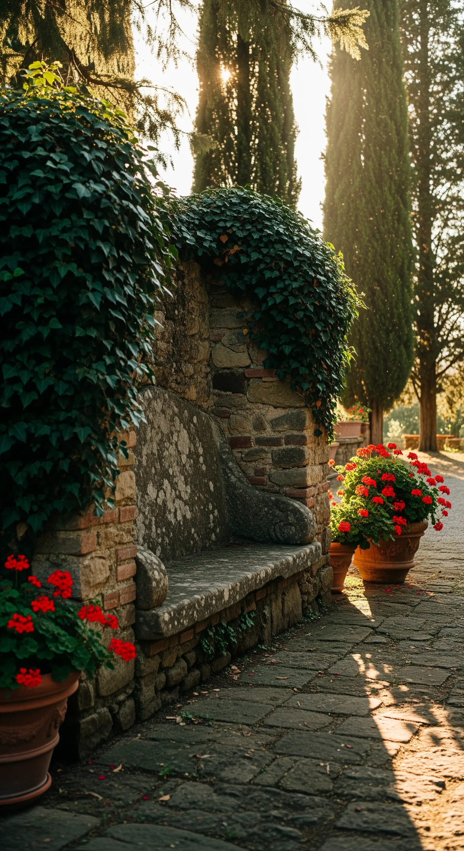 Panchina in pietra integrata in un muretto rustico coperto d'edera, con vasi di gerani rossi.