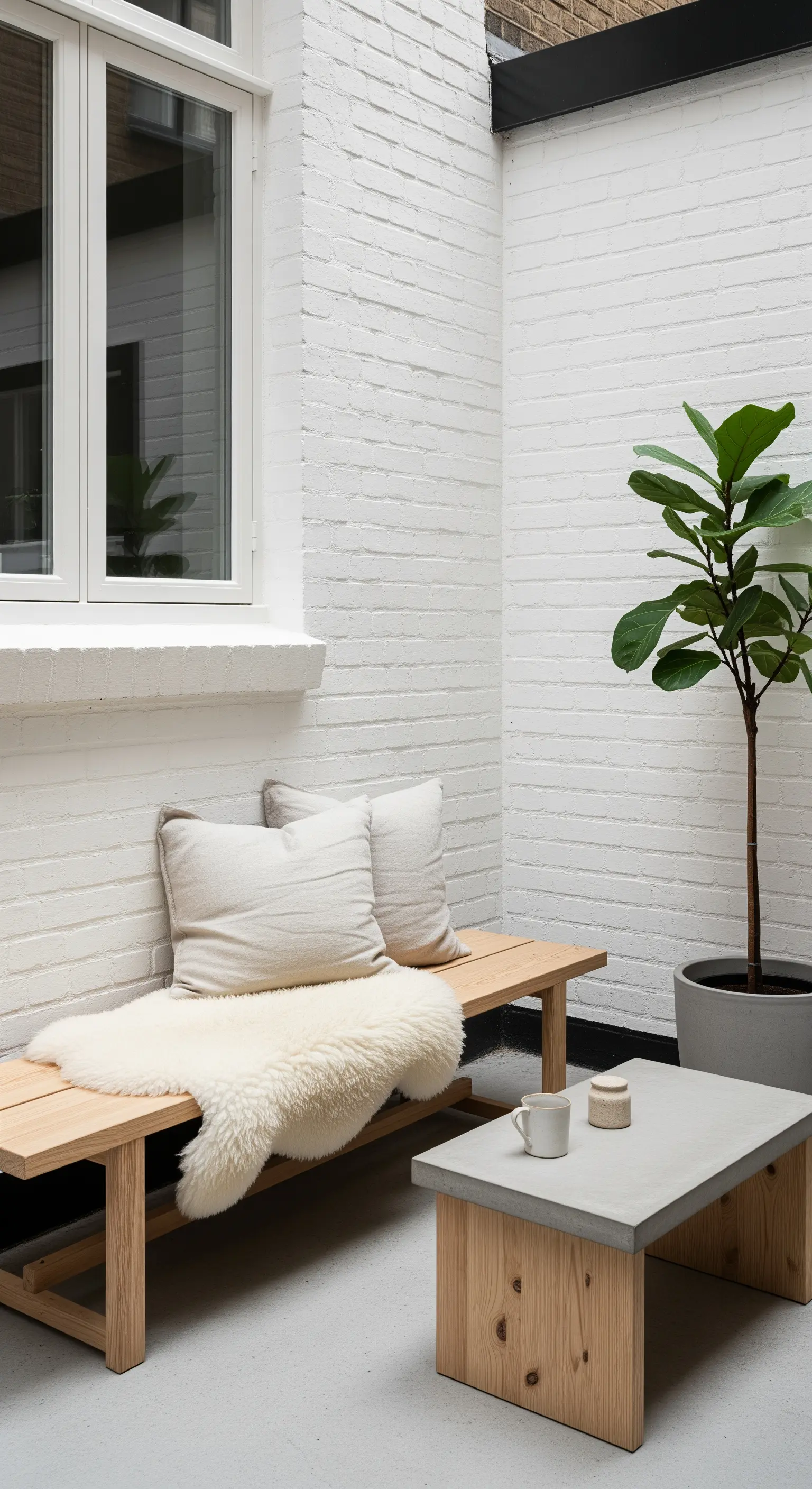 Angolo minimalista con panca in legno, pelle di pecora e tavolino in cemento.