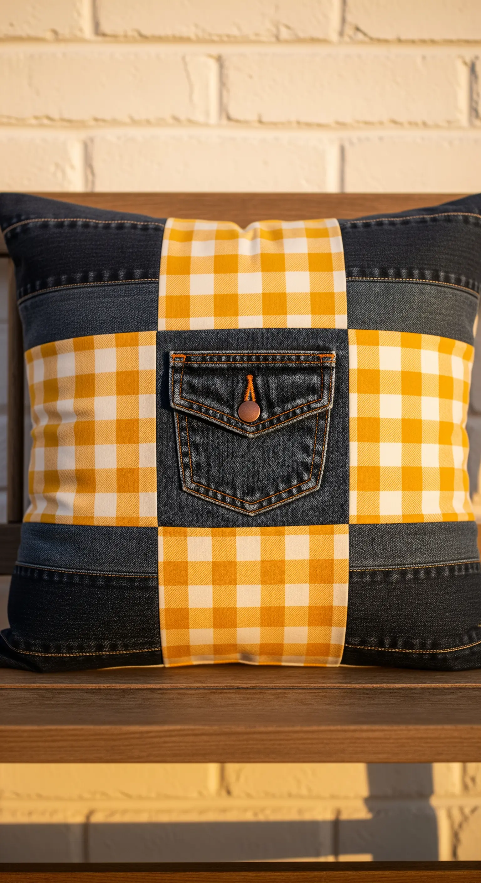 Cuscino patchwork con quadrati di jeans scuro e tessuto a quadretti gialli, con una tasca al centro.