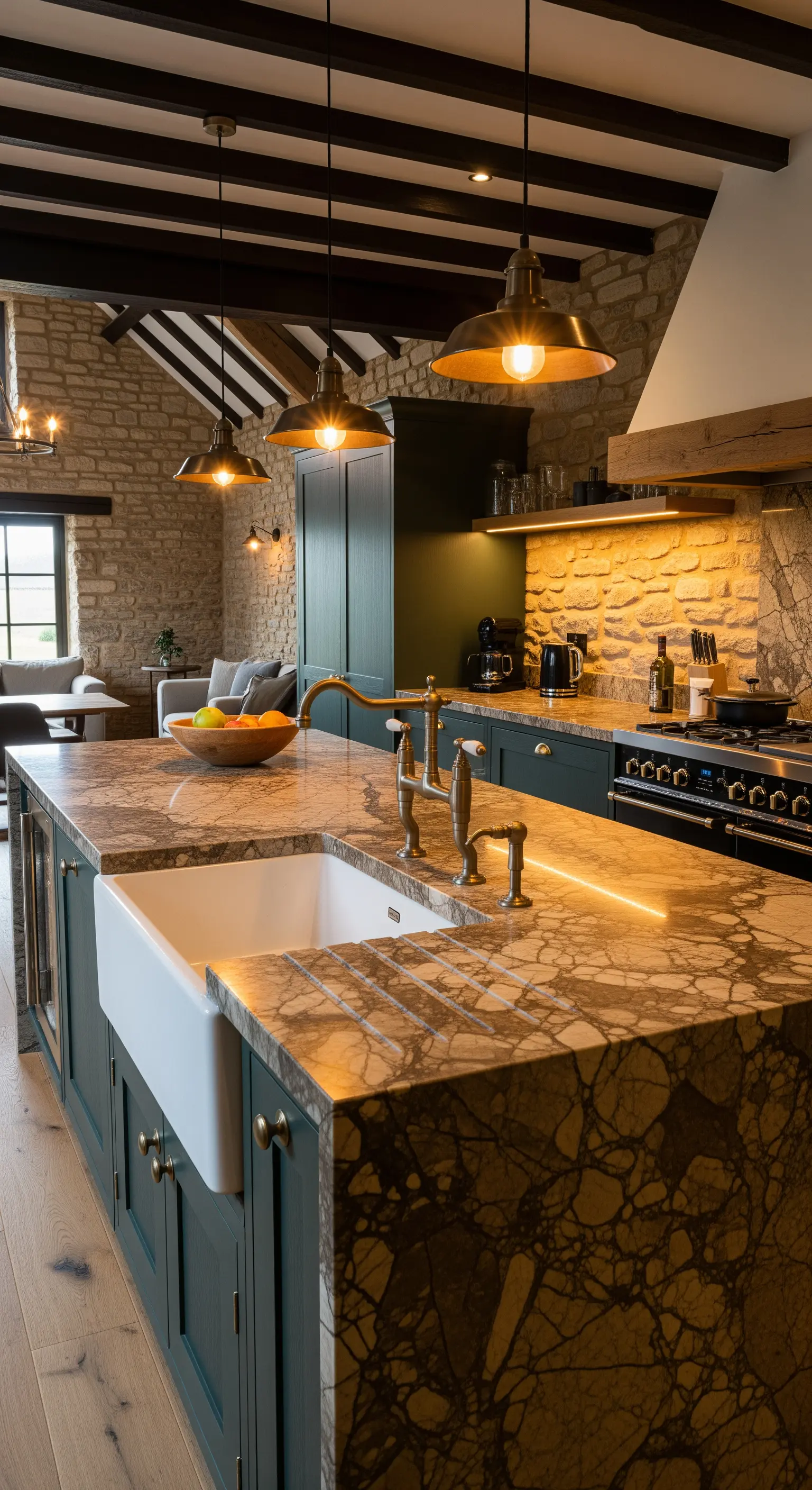 Cucina rustica con pareti in pietra, isola in marmo marrone e lavello in ceramica bianca.