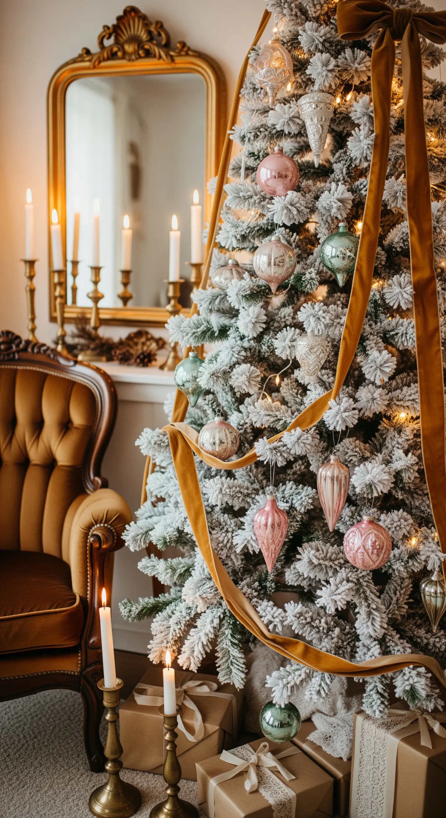 Albero innevato con nastro in velluto senape e decorazioni in vetro rosa e verde