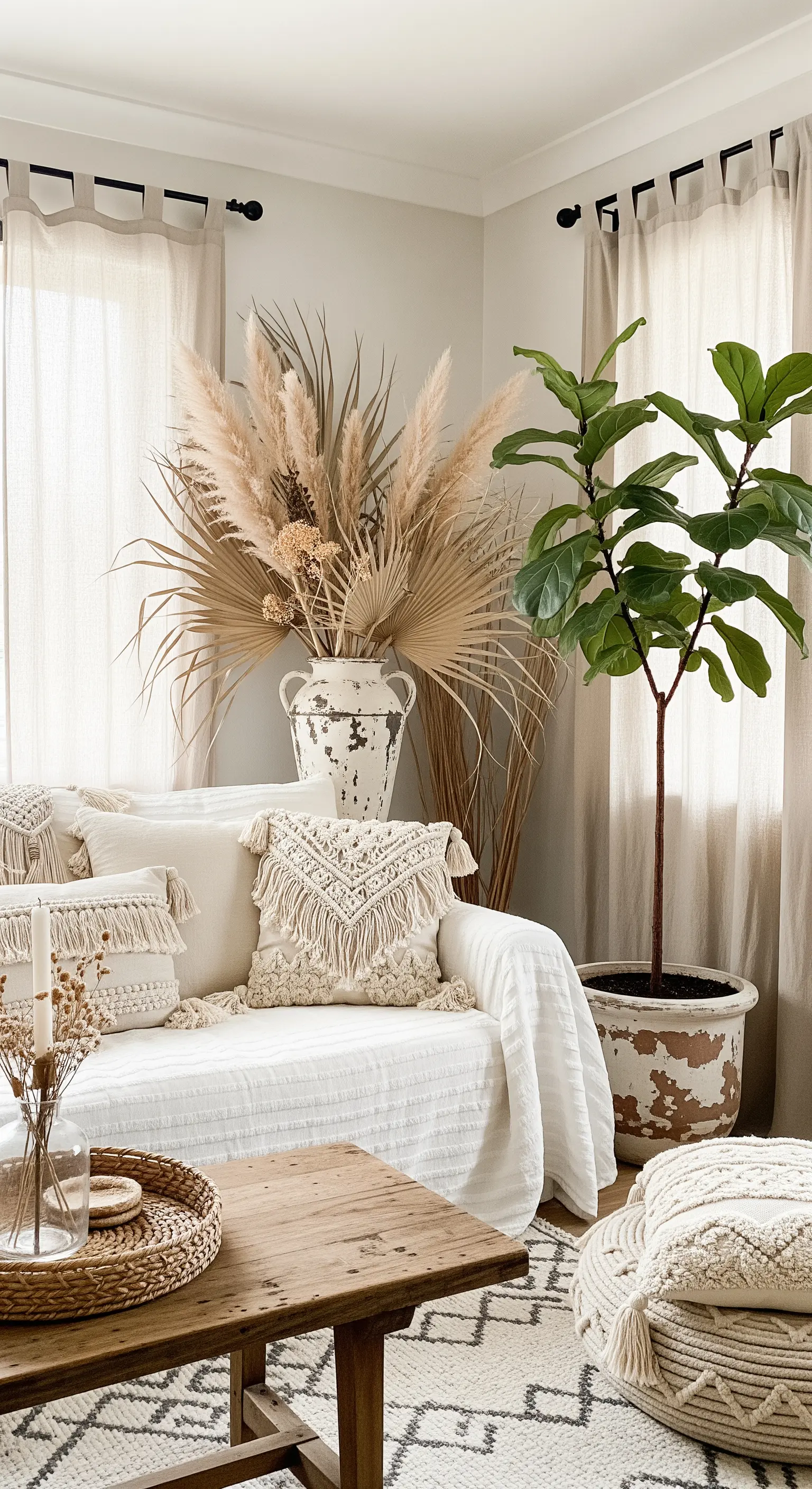 Divano bianco con cuscini in macramè e un grande vaso di pampas.