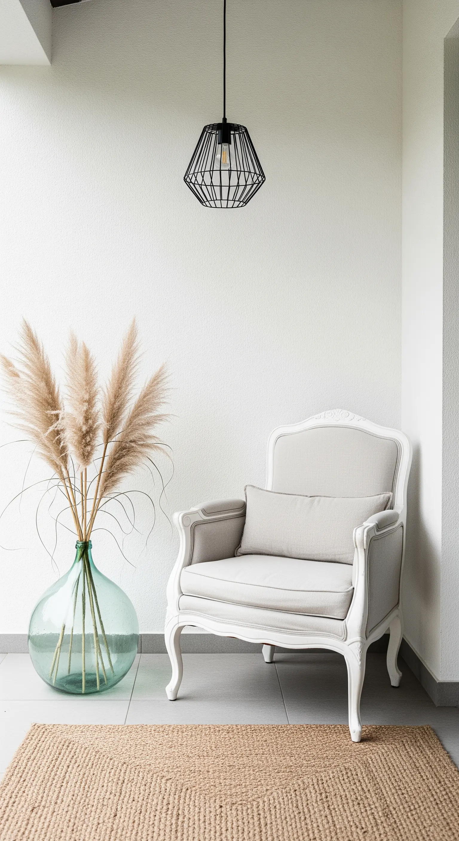 Angolo minimal con poltrona bianca Luigi XVI, damigiana con pampas e lampada nera.