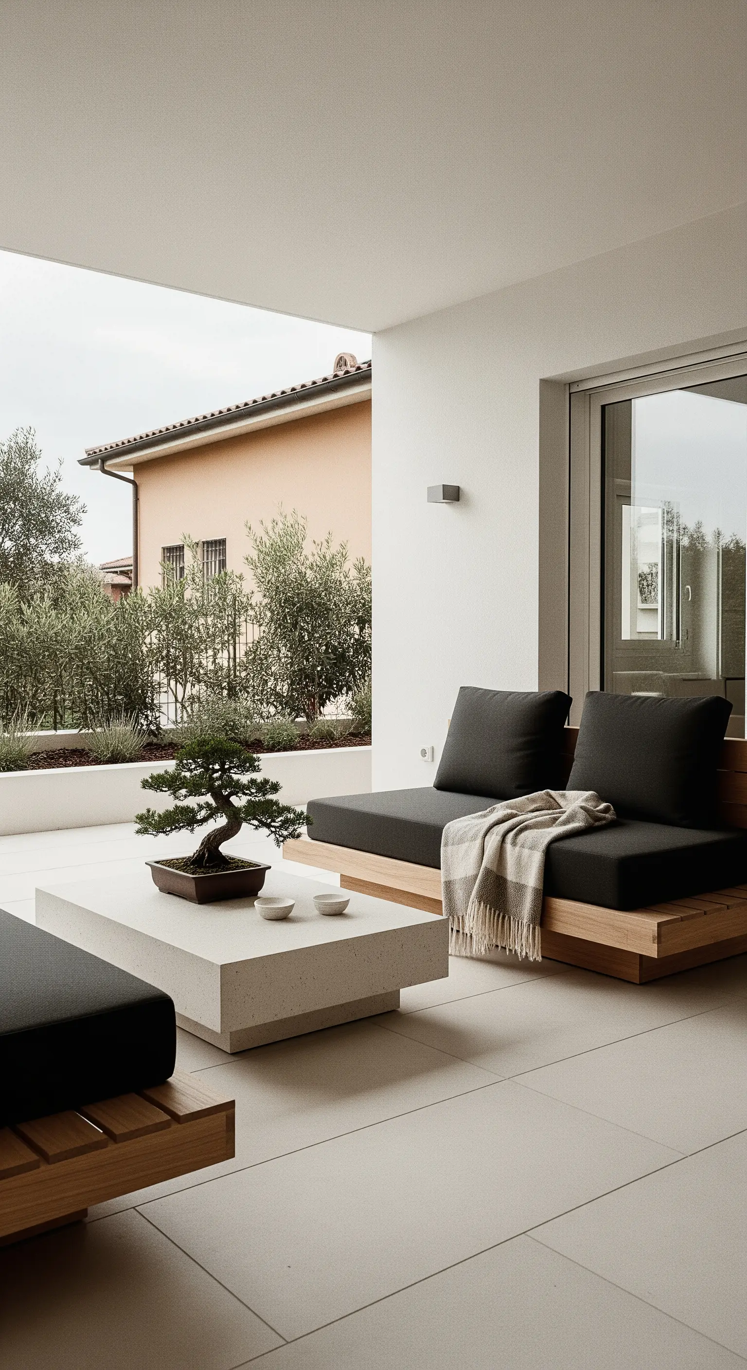 Patio minimalista con divani bassi, tavolino in cemento e un albero di bonsai.