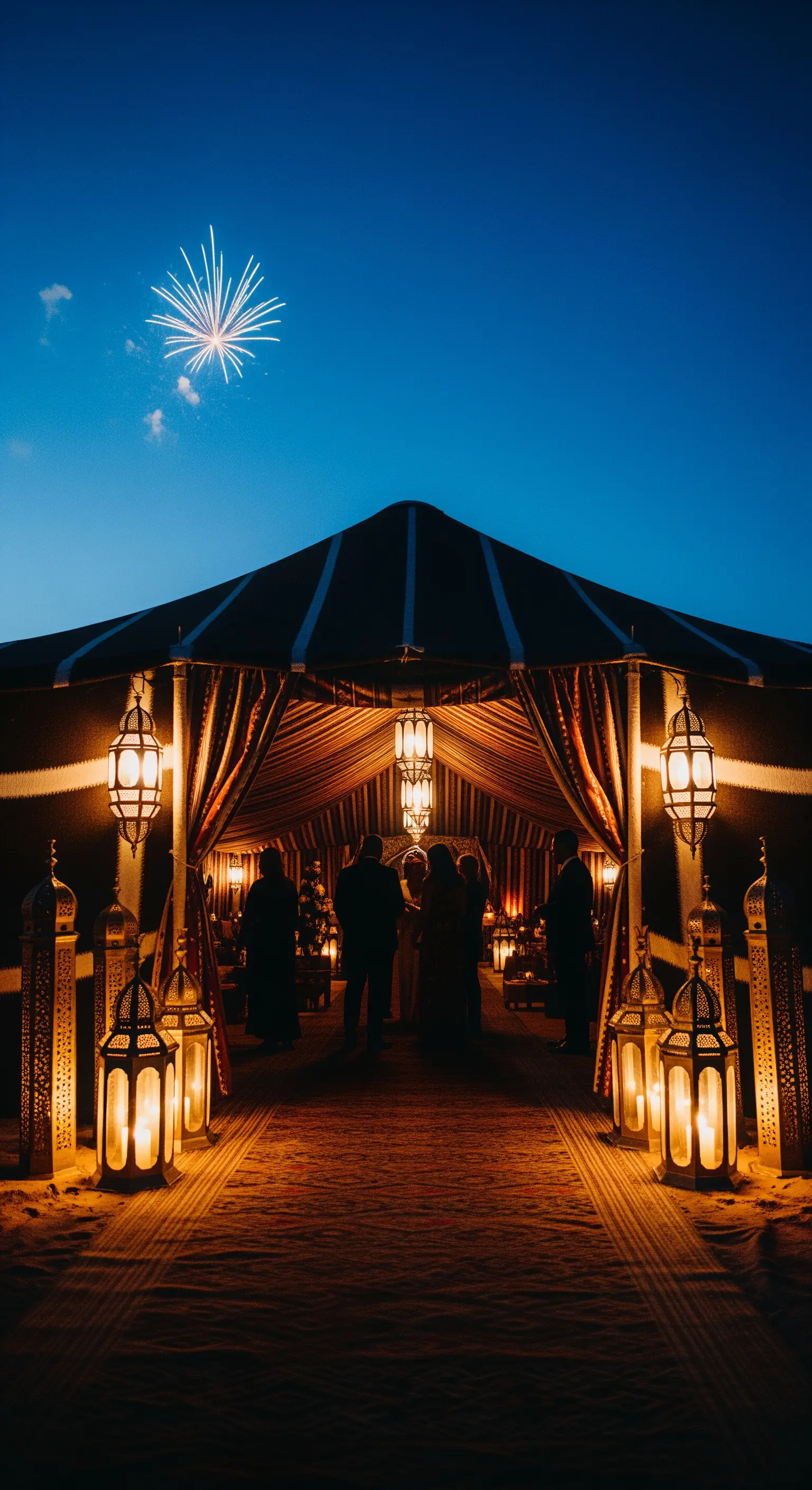 Ingresso a una tenda marocchina nel deserto, illuminato da un sentiero di lanterne al crepuscolo