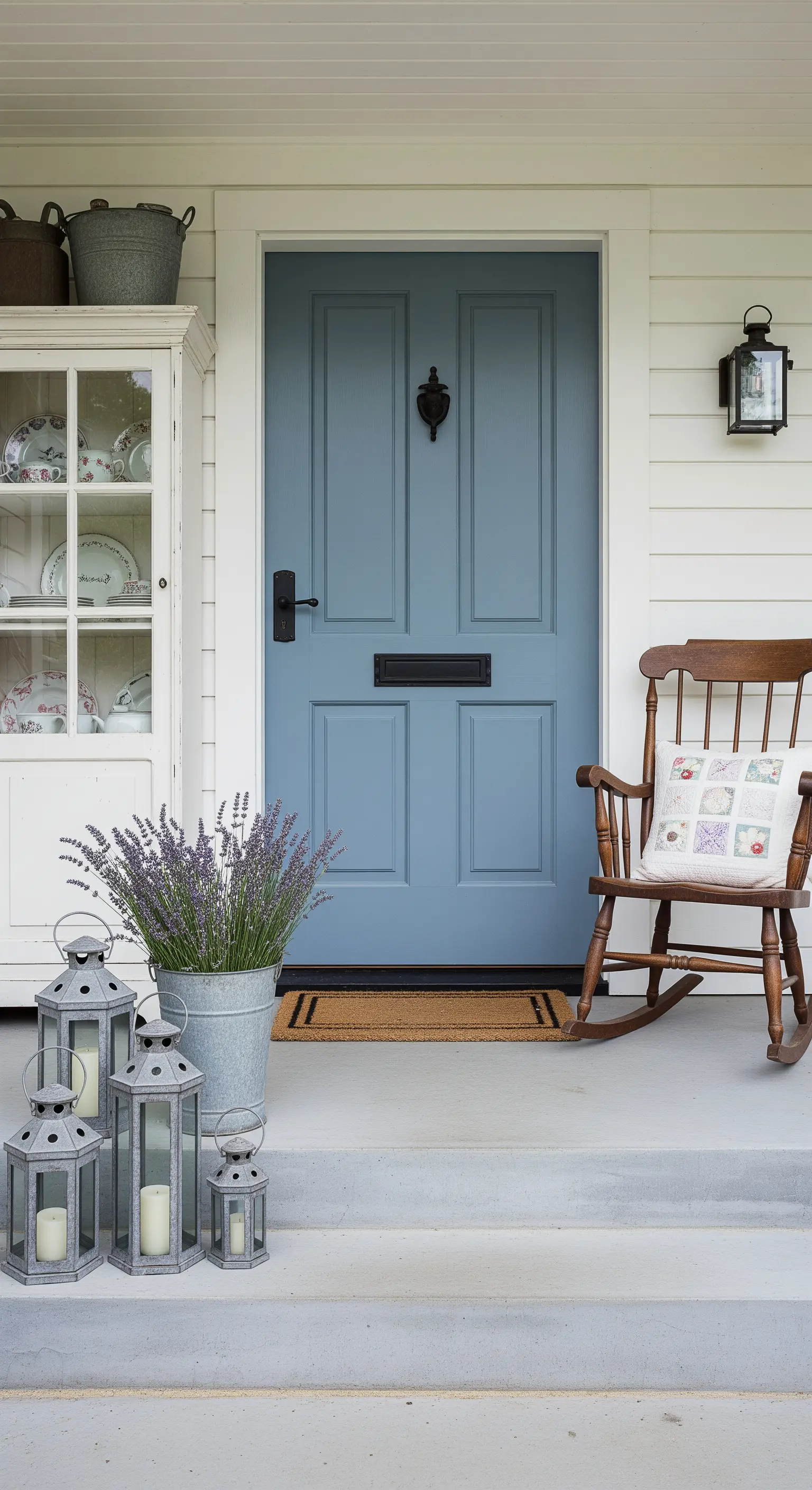 Porta d'ingresso blu polvere con sedia a dondolo, credenza bianca e lanterne grigie.