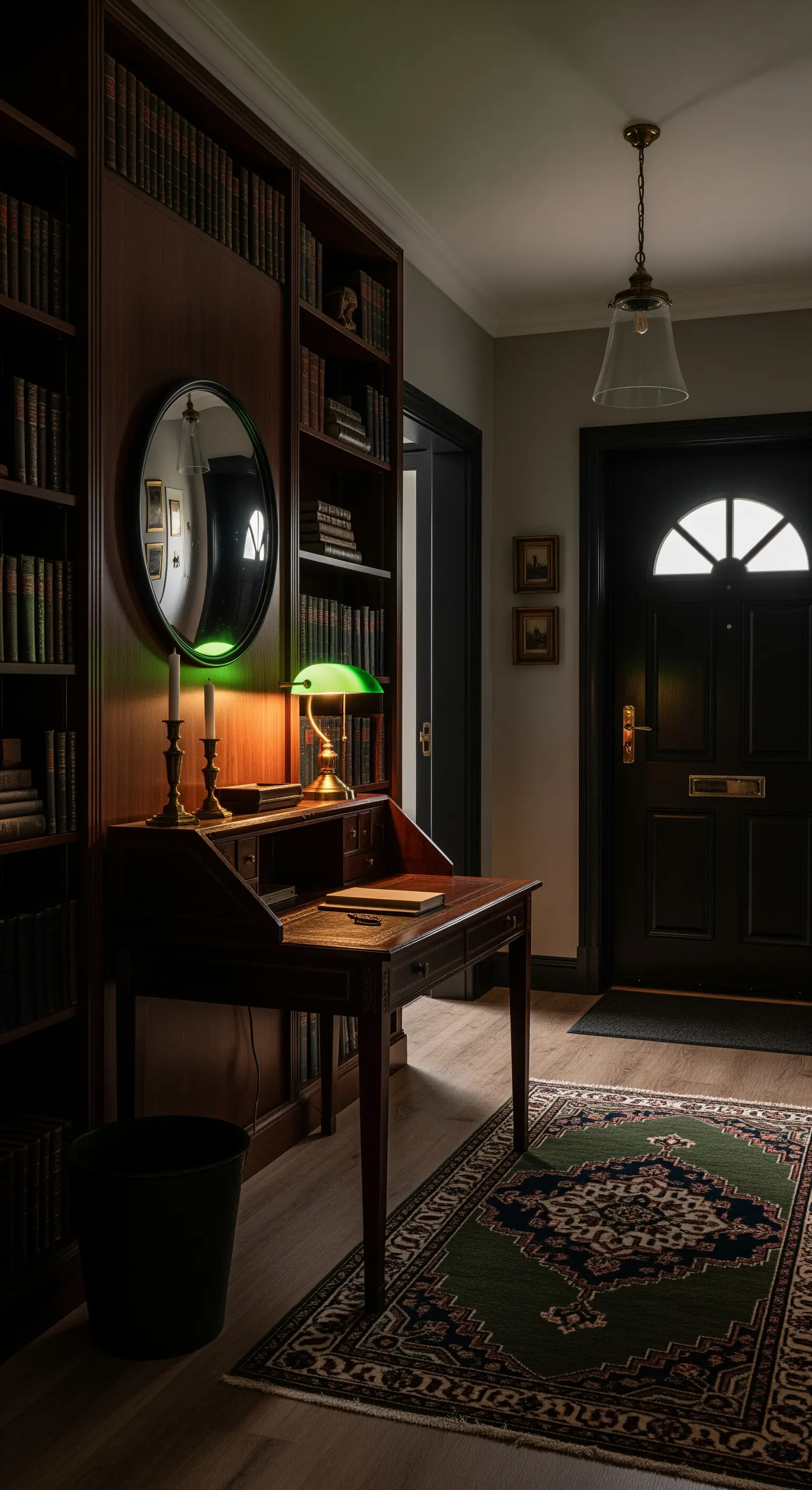 Ingresso studio con libreria, secretaire in legno e lampada da banchiere verde.