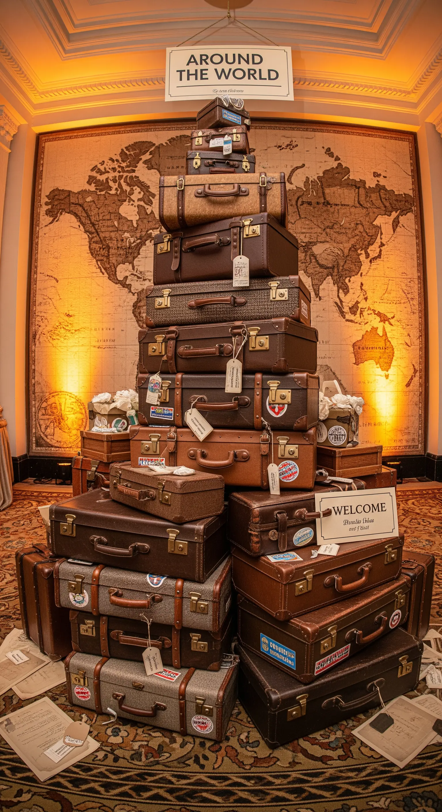 Piramide di valigie vintage davanti a una mappa del mondo per una festa a tema viaggio.