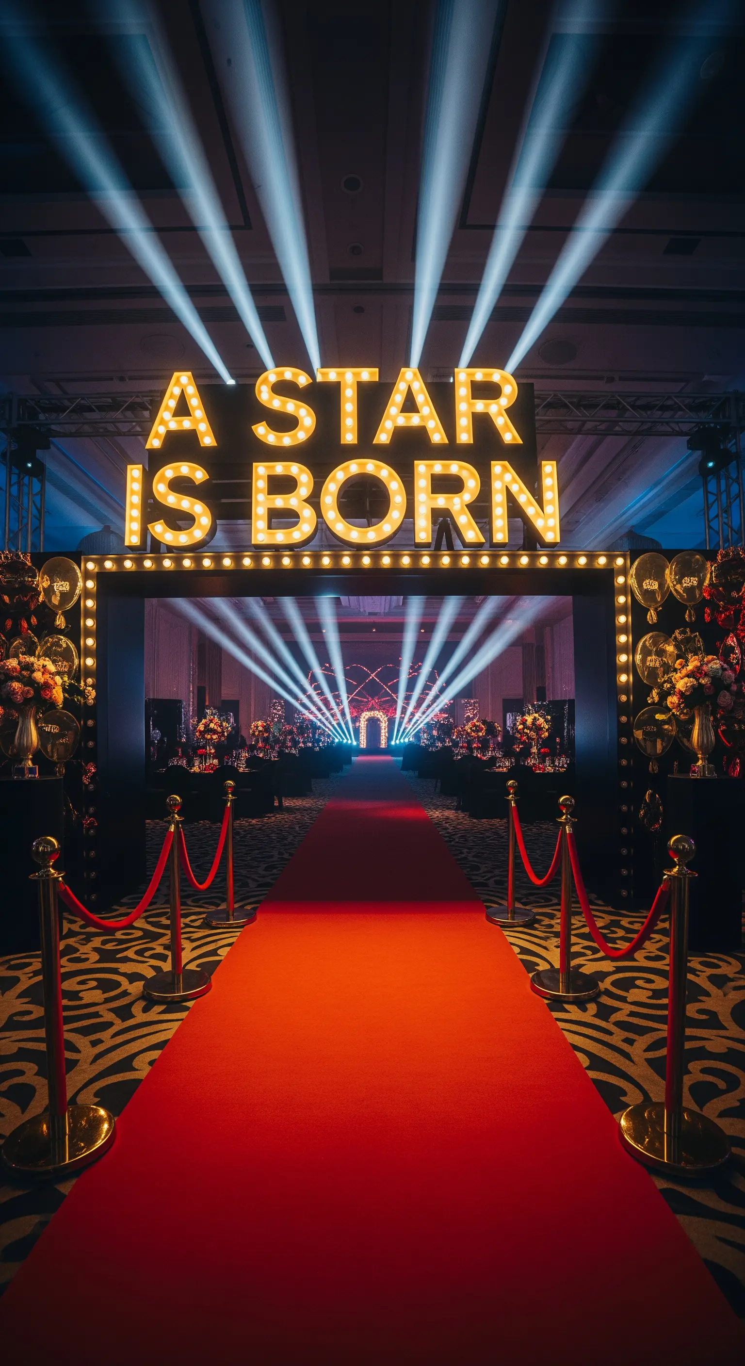Ingresso scenografico con tappeto rosso e insegna luminosa A Star Is Born.