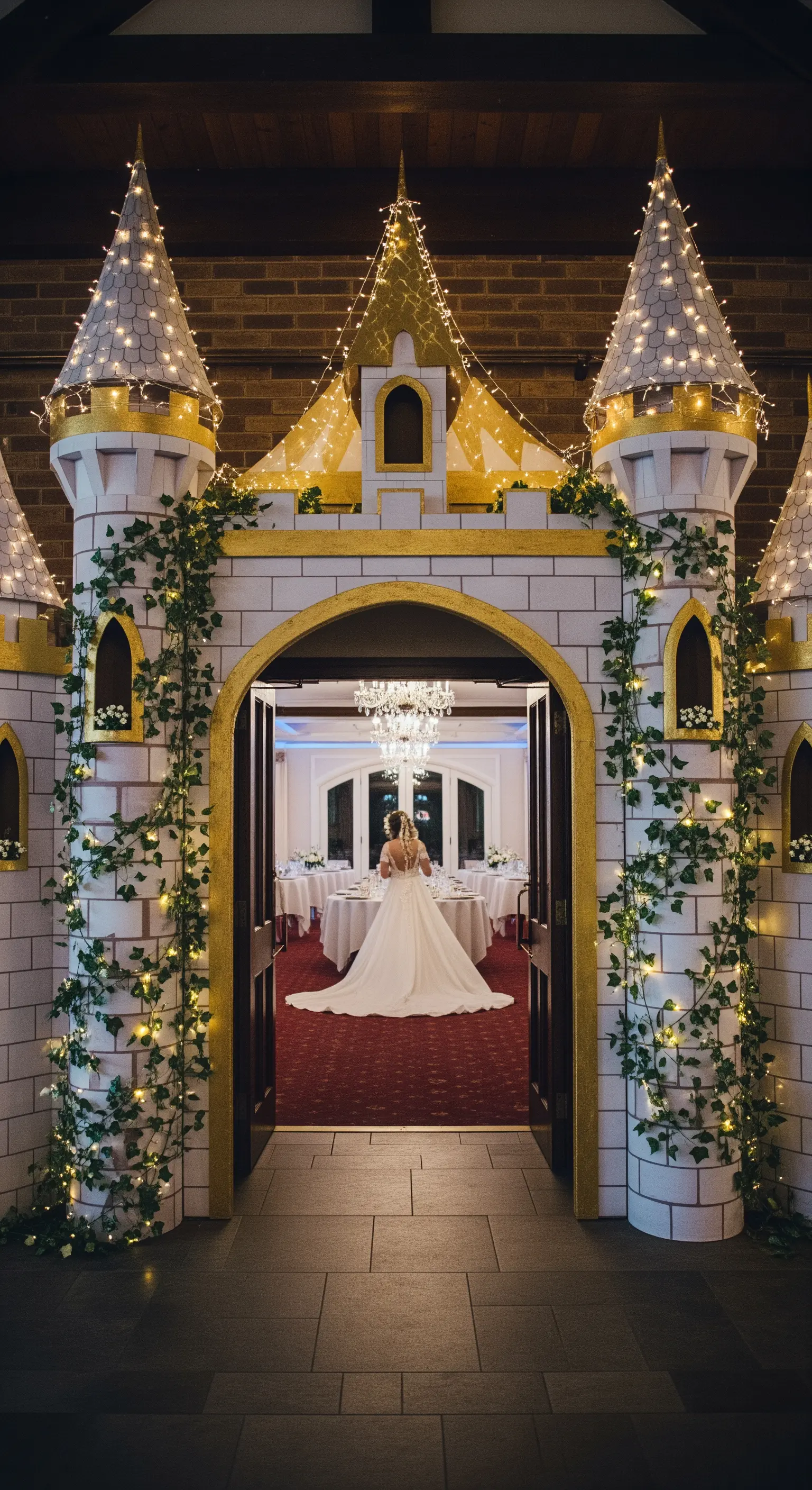Ingresso a forma di castello di cartone decorato con edera e lucine, per una festa di nozze.