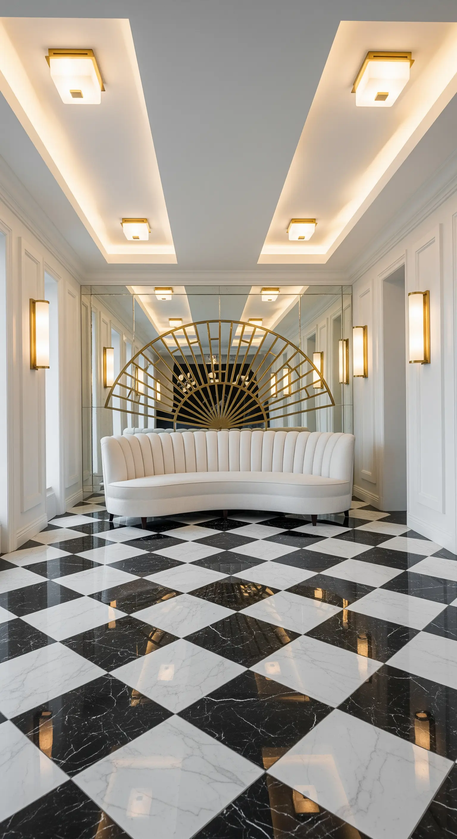 Ingresso con pavimento a scacchi, parete a specchio, divano bianco curvo e paravento dorato