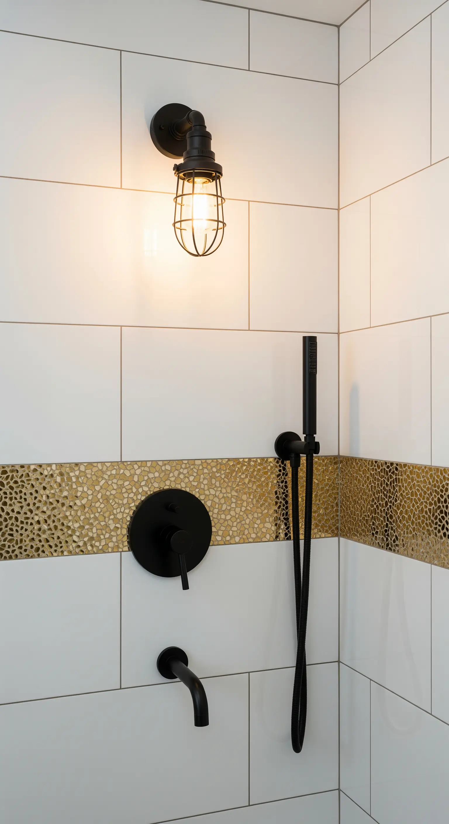 Doccia con piastrelle bianche, fascia di mosaico dorato e rubinetteria nero opaco.