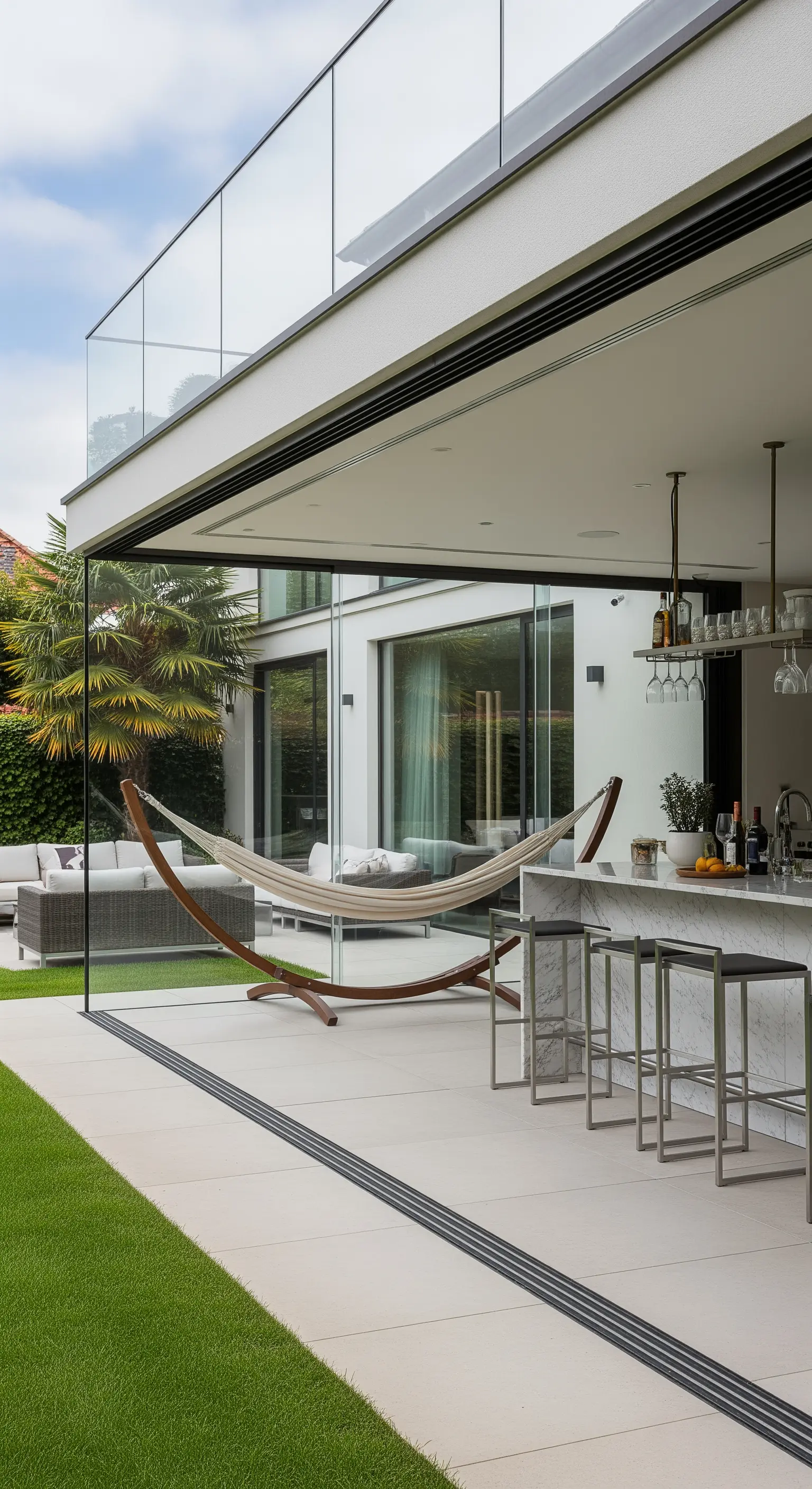 Patio moderno collegato al soggiorno, con bancone bar in marmo e un'amaca autoportante.