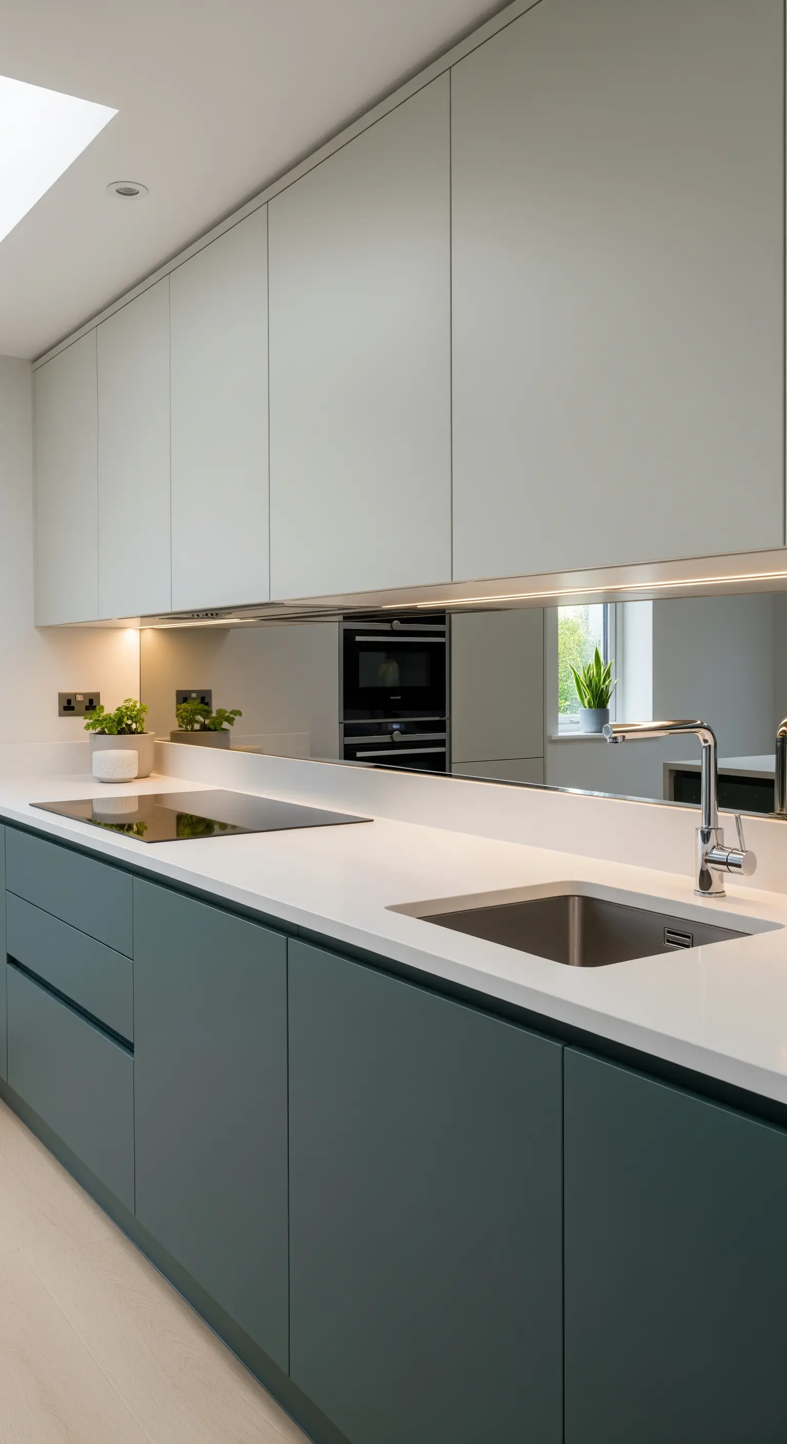 Cucina moderna con una fascia di specchio bronzato tra basi e pensili.