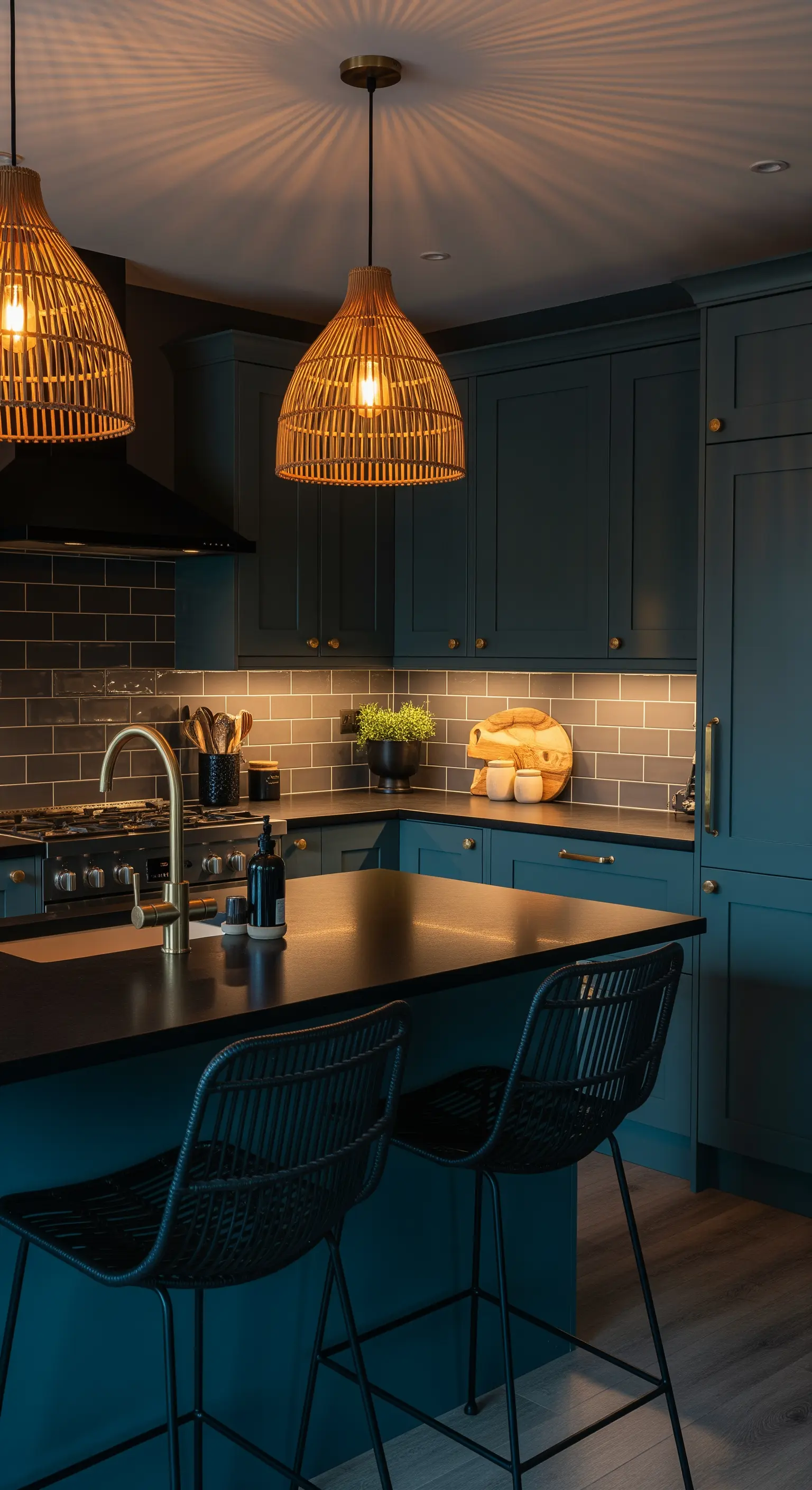 Cucina blu-verde scuro con illuminazione calda da lampade in rattan e strisce led.