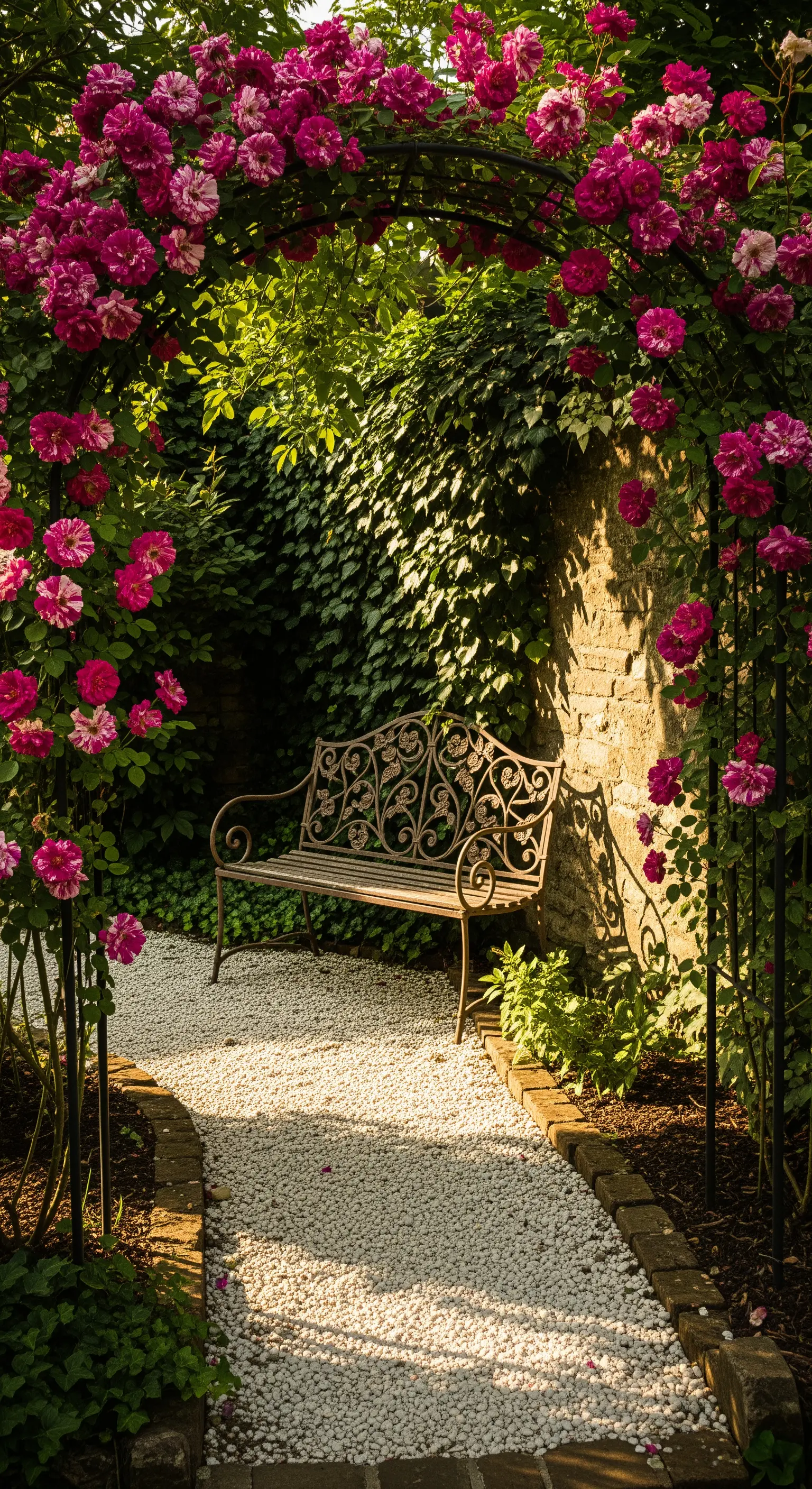 Panchina in ferro battuto in un angolo appartato, sotto un arco di rose fucsia e un muro di pietra.