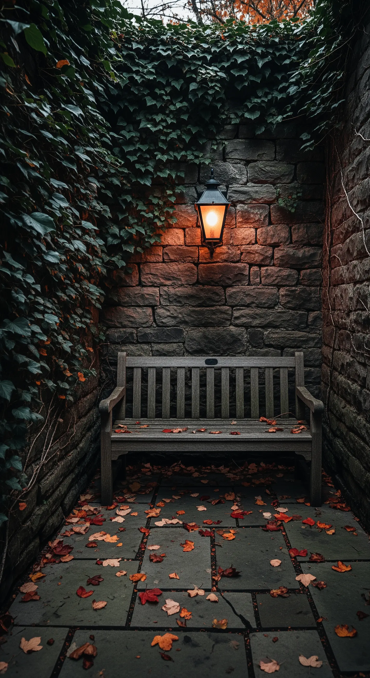 Panchina in legno in un'alcova di pietra, illuminata da una lanterna a luce calda e circondata da edera.