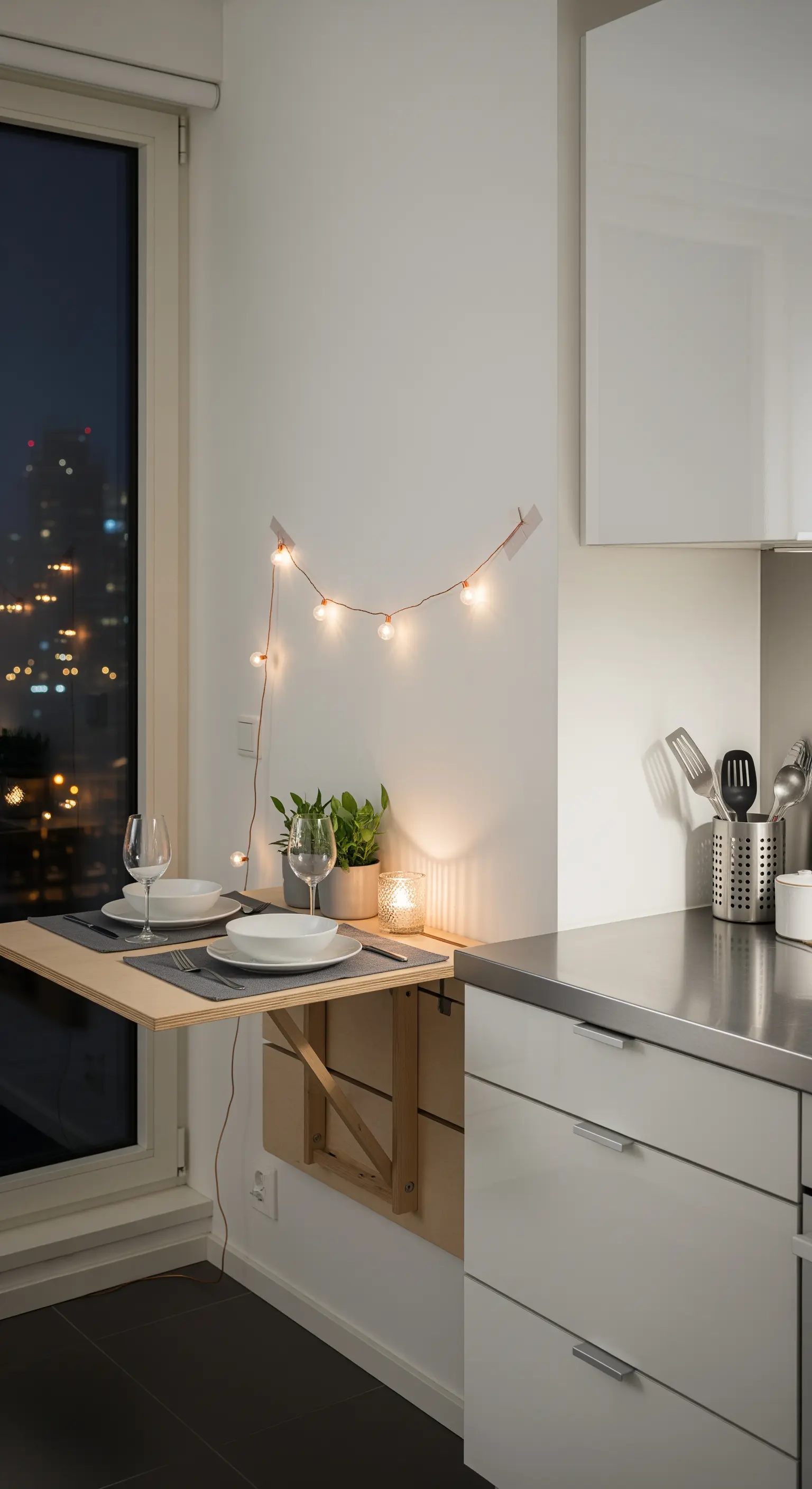 Piccolo tavolo a ribalta per due persone illuminato da una delicata stringa di luci a bulbo.