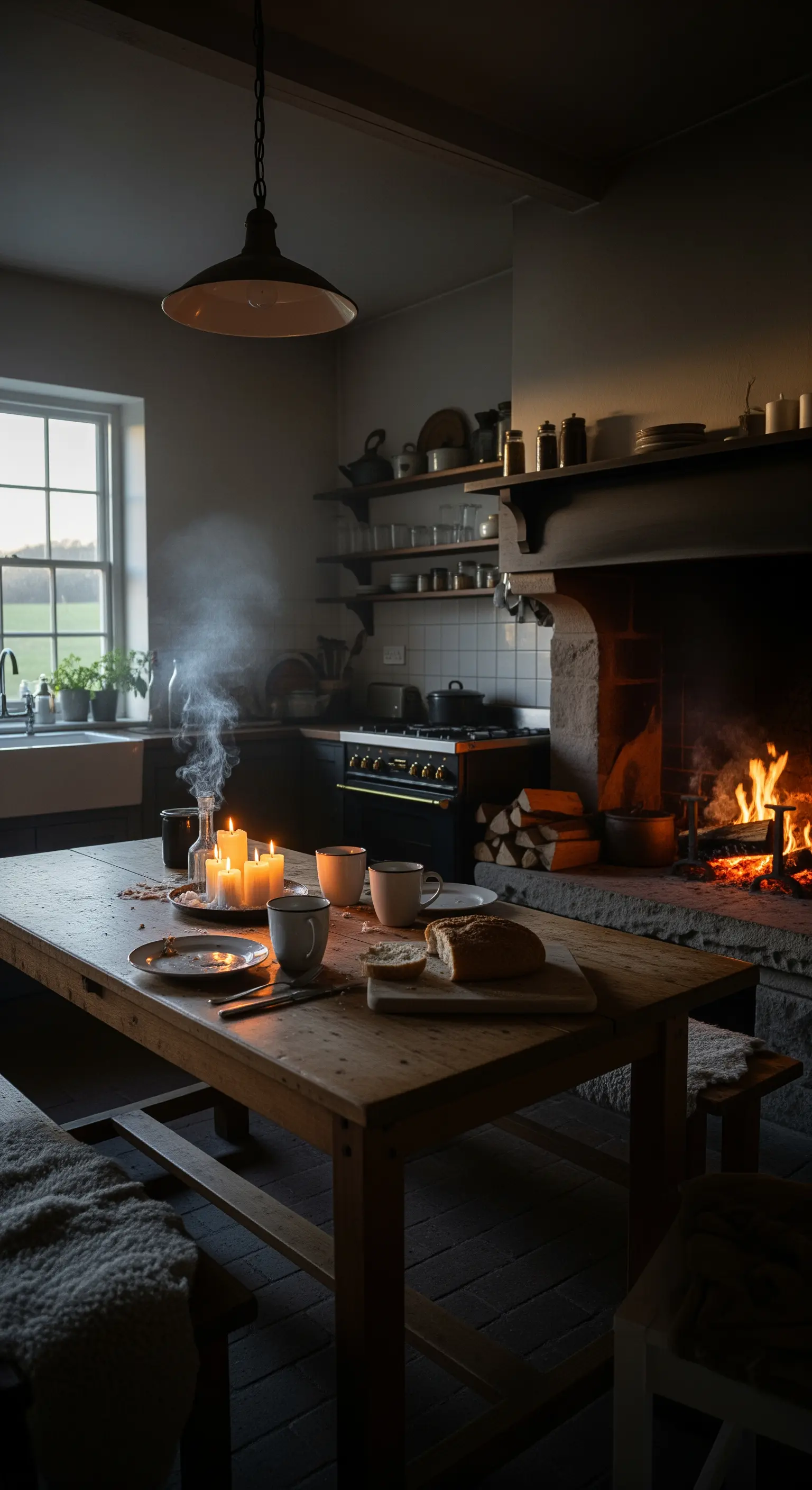 Cucina rustica e buia, illuminata quasi esclusivamente dal fuoco di un grande camino in pietra.