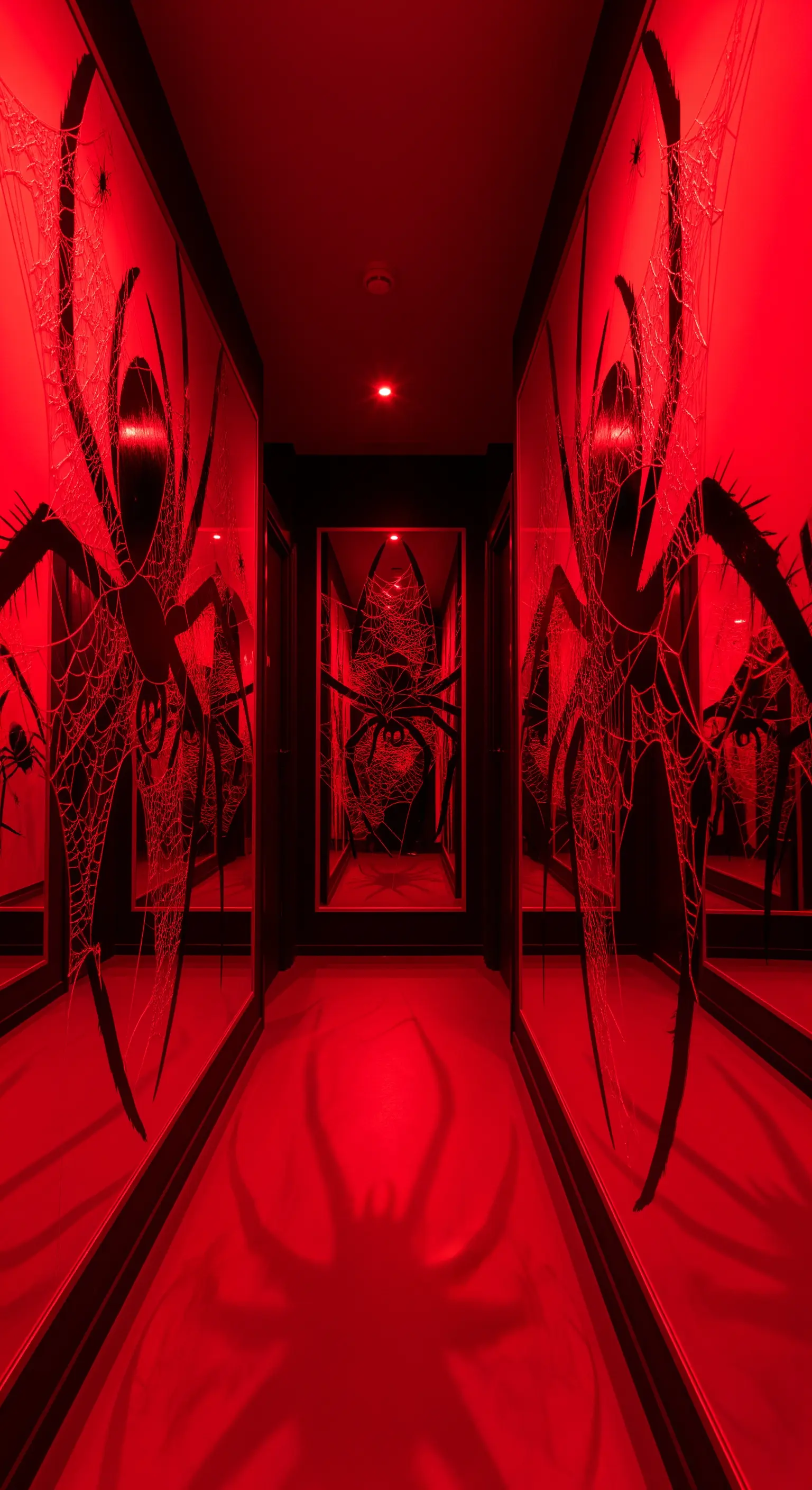 Corridoio rosso con sagome di ragni giganti su pareti e specchi.