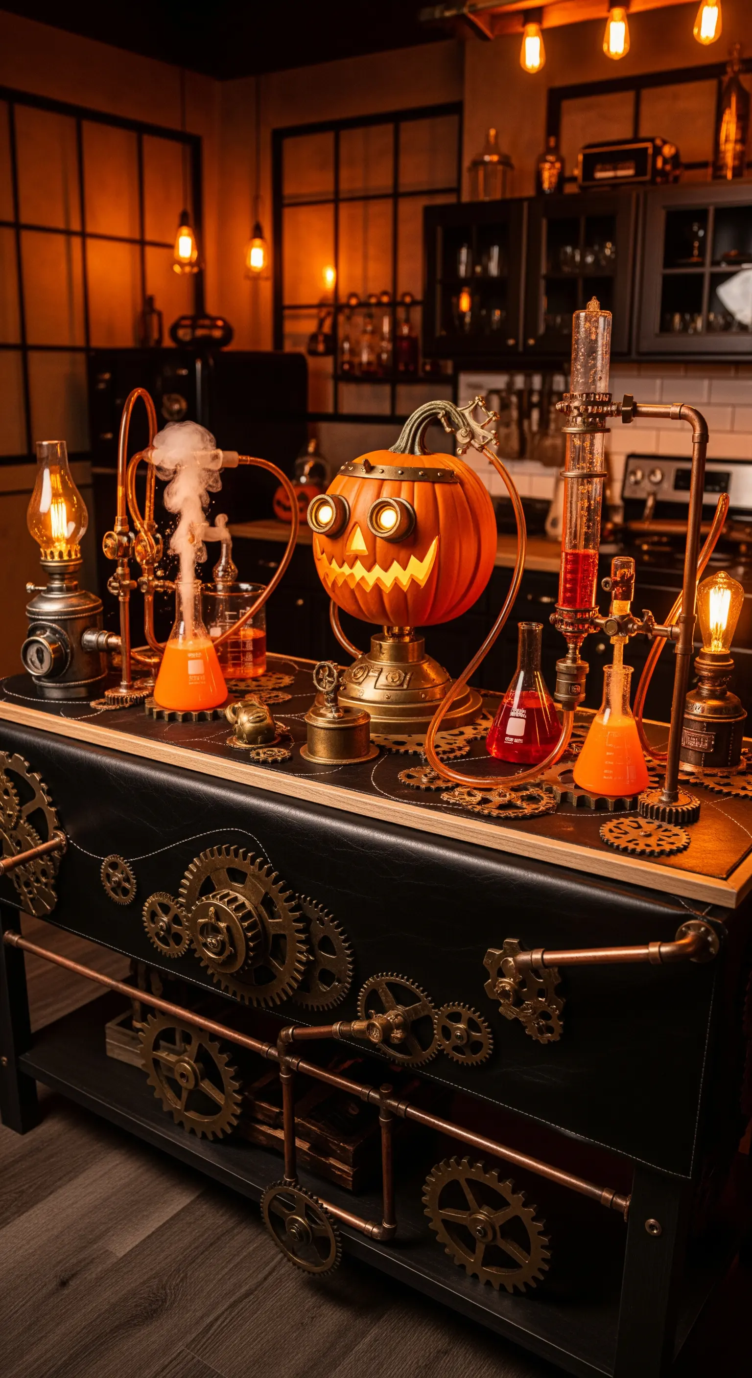 Carrello bar in stile steampunk con una zucca meccanica, ingranaggi e ampolle luminose.