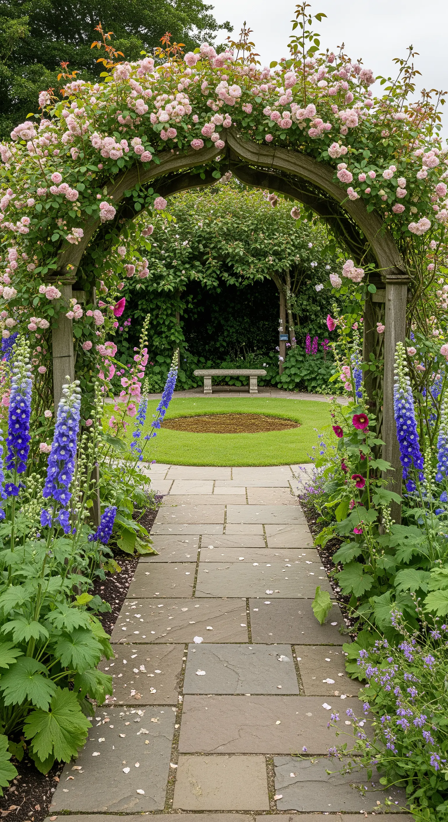 Arco in legno ricoperto di rose rosa che incornicia un sentiero in pietra in un giardino fiorito.