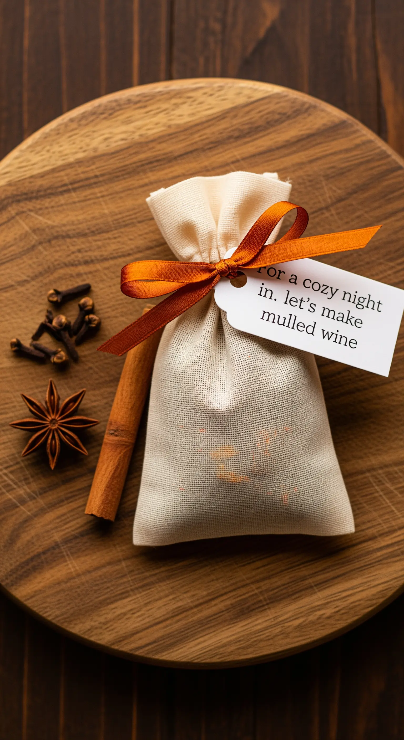 Sacchetto di lino con spezie per vin brulé e un'etichetta con un invito.