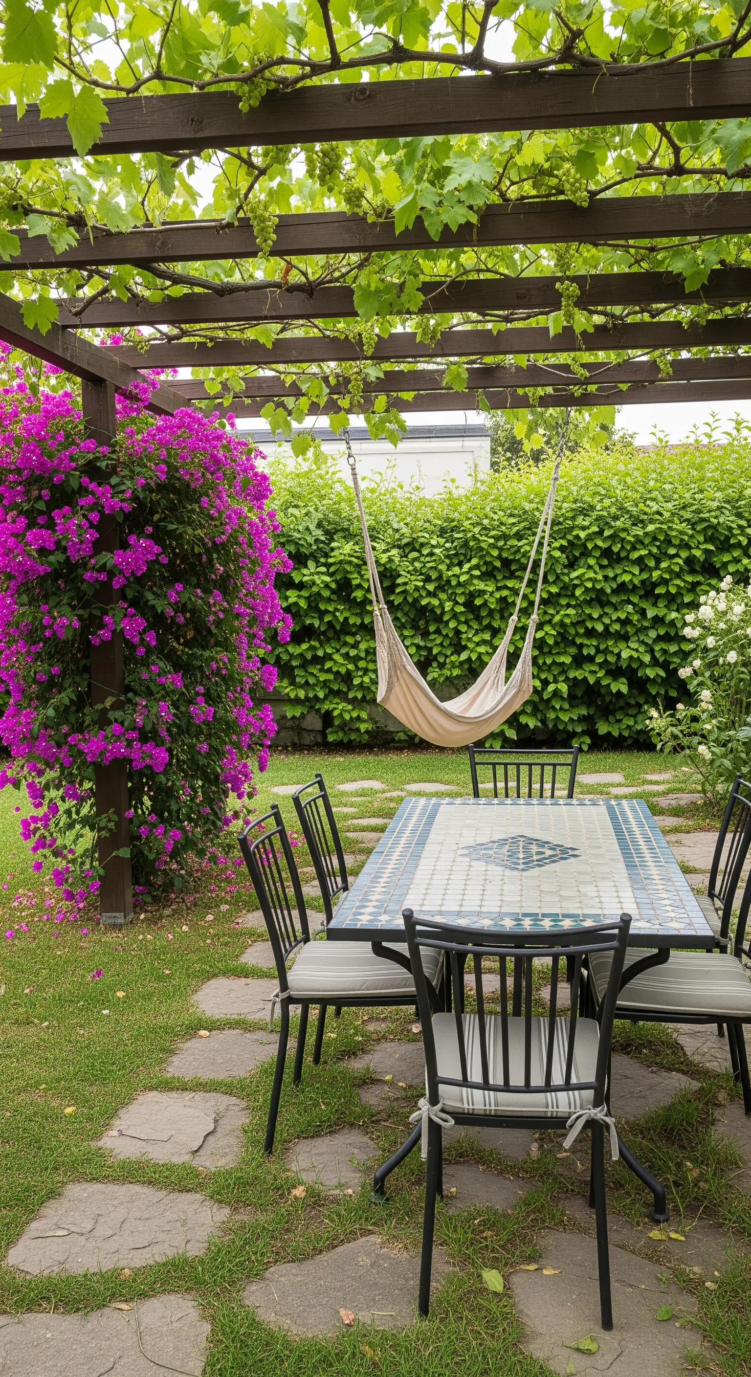 Giardino con tavolo in mosaico, amaca sospesa sotto un pergolato e una siepe di bouganville.