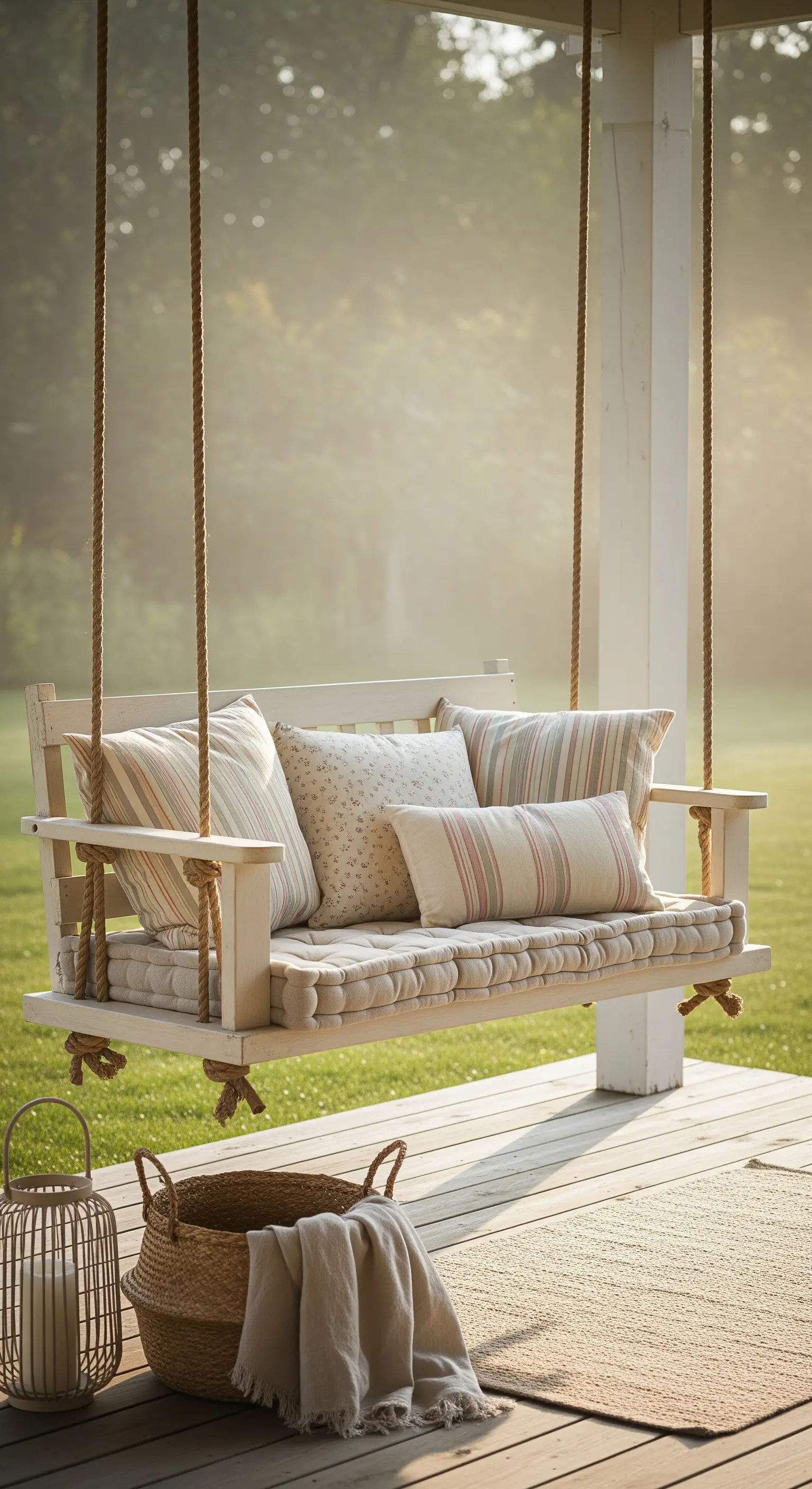 Dondolo sospeso in legno bianco con cuscini a righe e floreali su un portico in legno.
