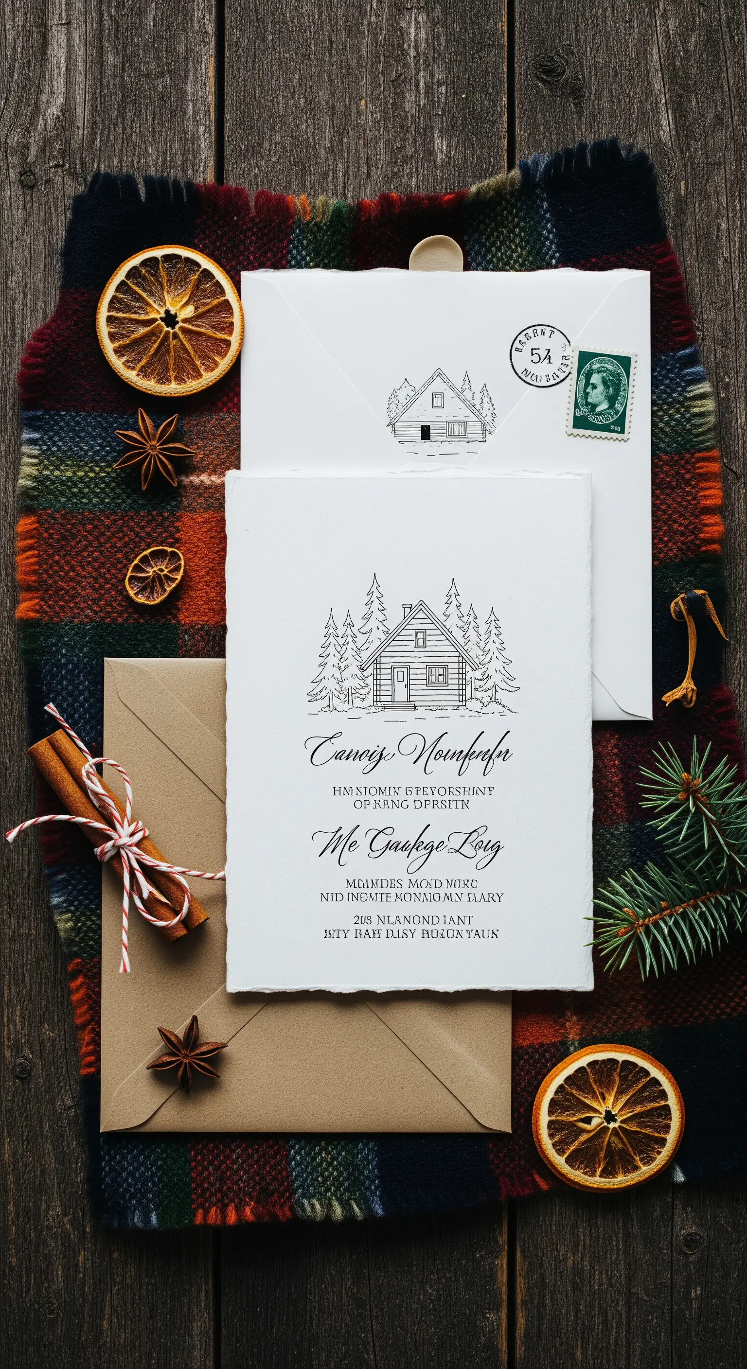 Invito di nozze con illustrazione di una baita, su un plaid e circondato da spezie e pino.