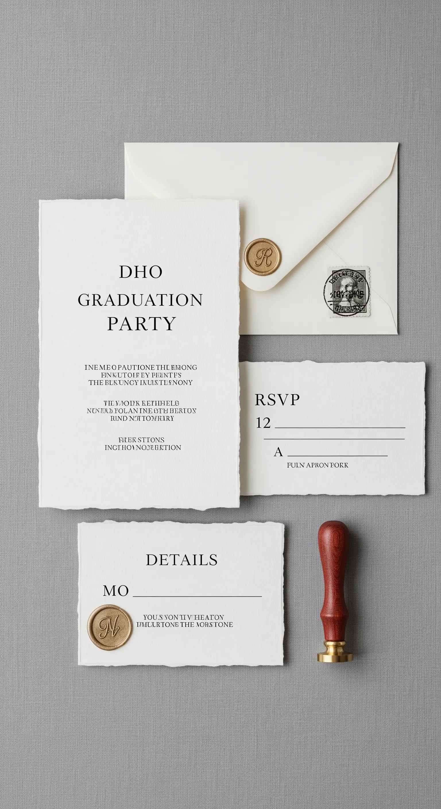 Set di inviti per laurea su carta a mano con sigillo in ceralacca e design minimalista